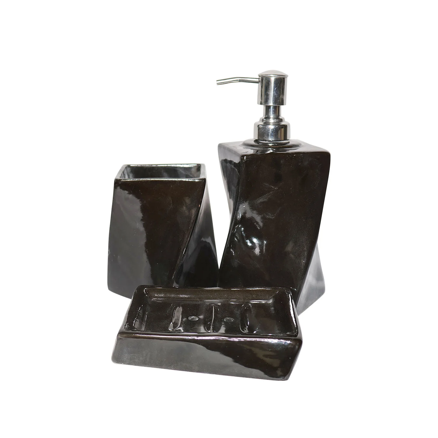 ArtistryBazaar 3"L x 3"W x 8"H inch ceramic bathroom accessories set of 3: bold liquid soap dispenser, soap dish & toothbrush holder, glossy black finish, 100% handmade by local artisans.