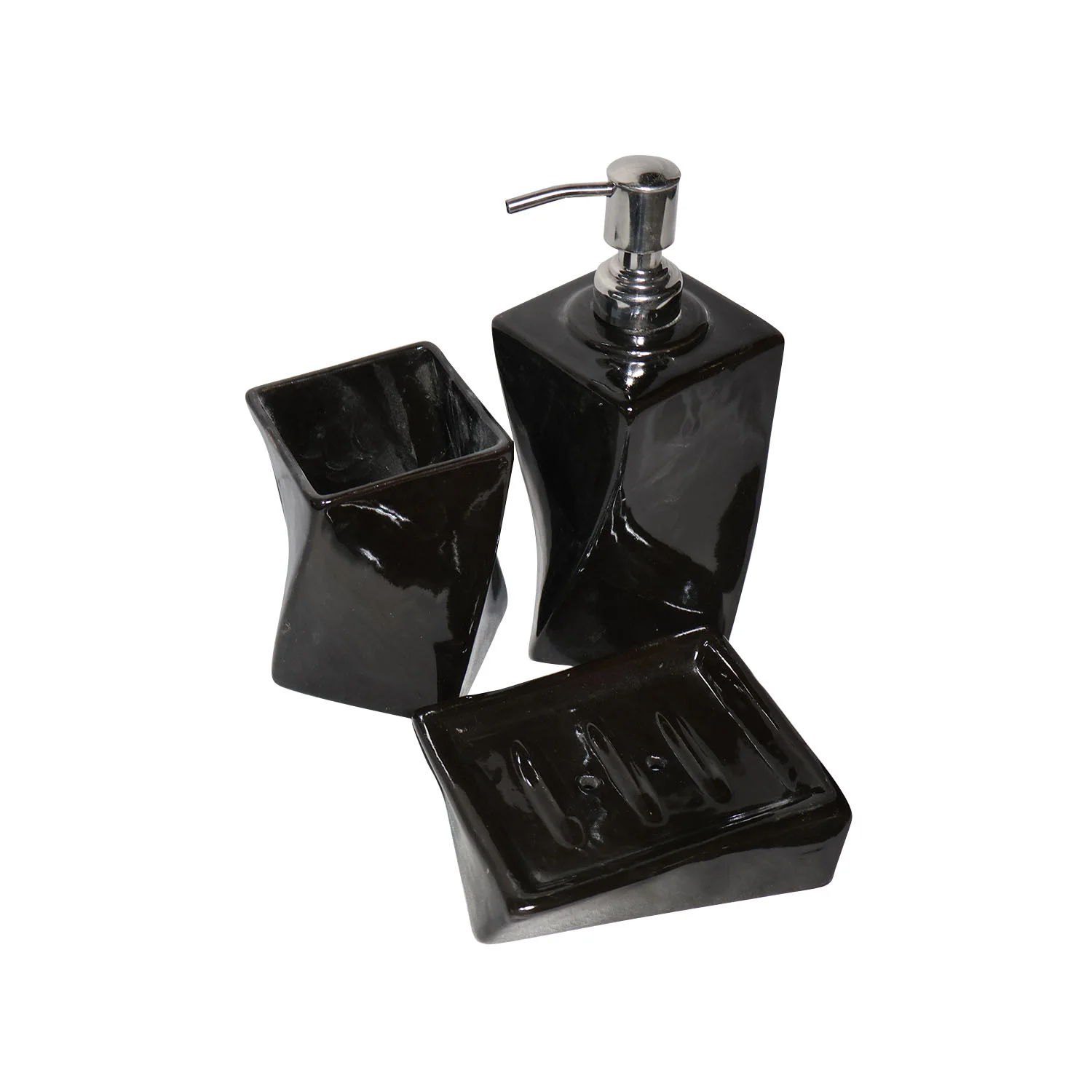 ArtistryBazaar 3"L x 3"W x 8"H inch ceramic bathroom accessories set of 3: bold liquid soap dispenser, soap dish & toothbrush holder, glossy black finish, 100% handmade by local artisans.