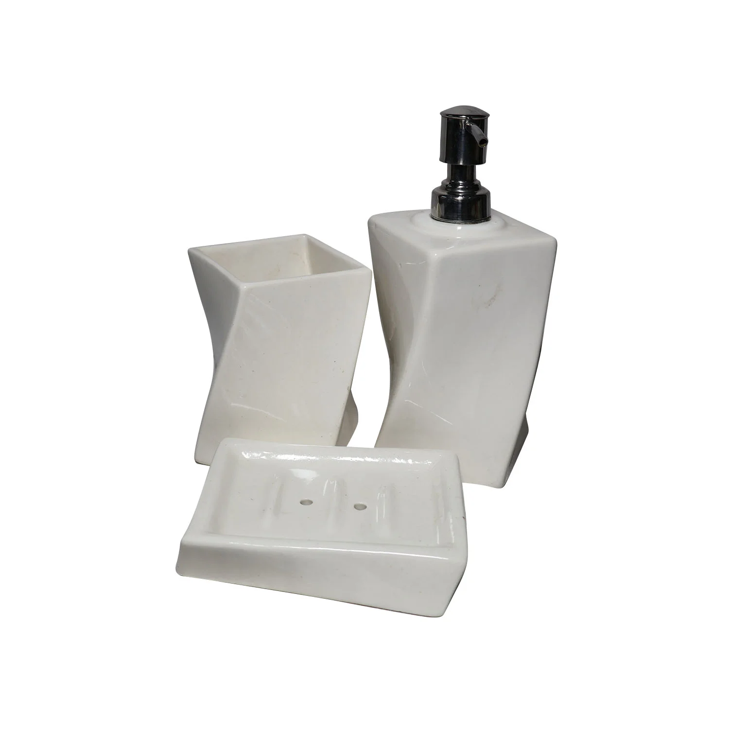 ArtistryBazaar 3"L x 3"W x 8"H inch all-white handmade bathroom decor pack of 3, liquid soap dispenser with toothbrush holder & soap dish, solid ceramic, bold angular design.
