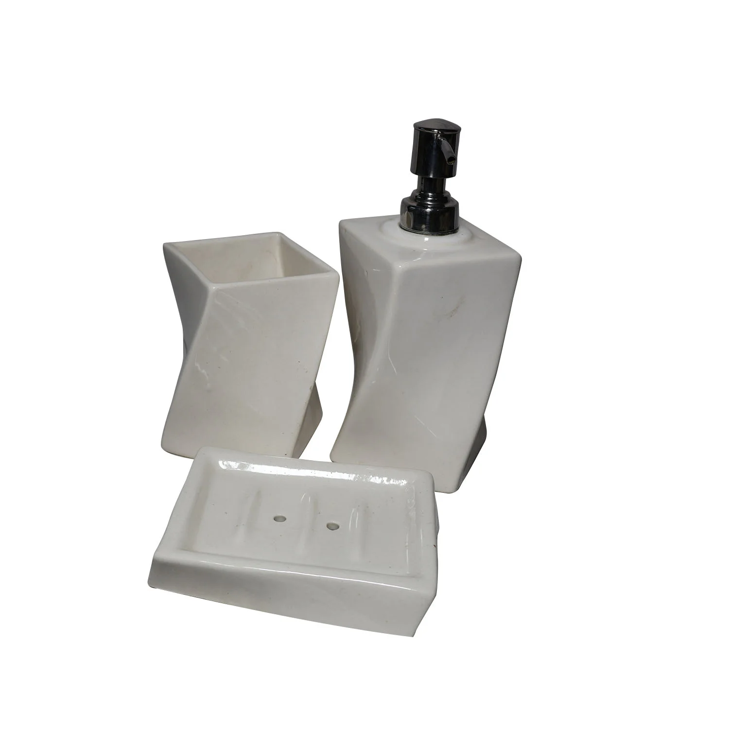 ArtistryBazaar 3"L x 3"W x 8"H inch all-white handmade bathroom decor pack of 3, liquid soap dispenser with toothbrush holder & soap dish, solid ceramic, bold angular design.