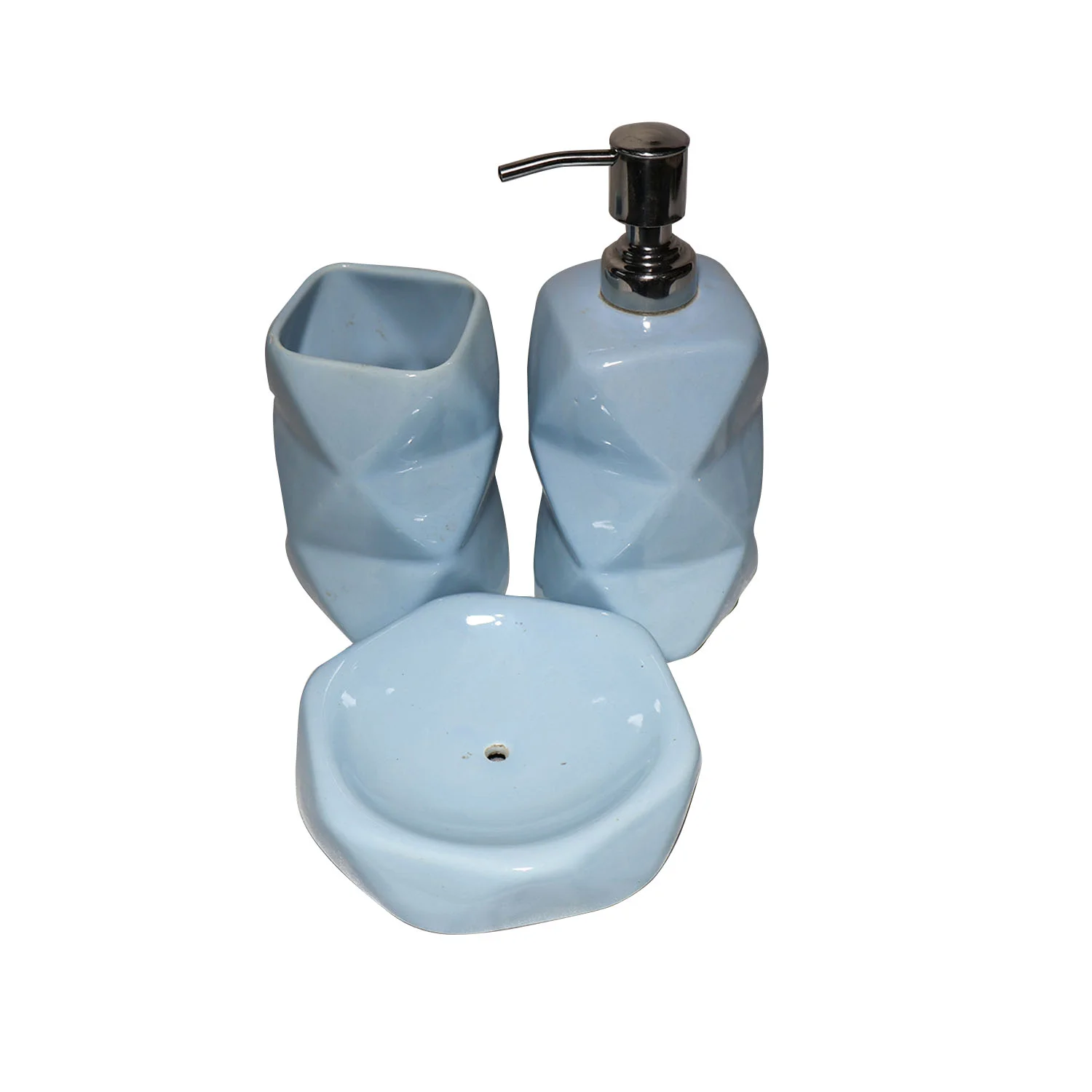 ArtistryBazaar 2.5"L x 2.5"W x 7"H inch blue ceramic bathroom set, soap dispenser, toothbrush holder, & soap dish, geometric design that’s durable, stylish, and perfect for modern homes.