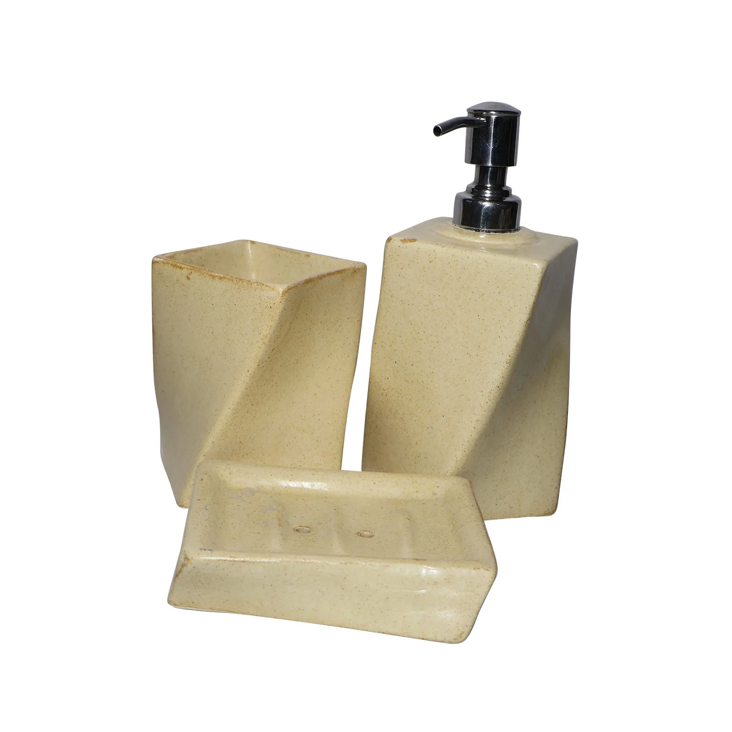 ArtistryBazaar 3"L x 3"W x 8"H inch 3-piece handmade bathroom set, ceramic soap dispenser, soap dish, and toothbrush holder, stylish beige decor with compact and durable design.