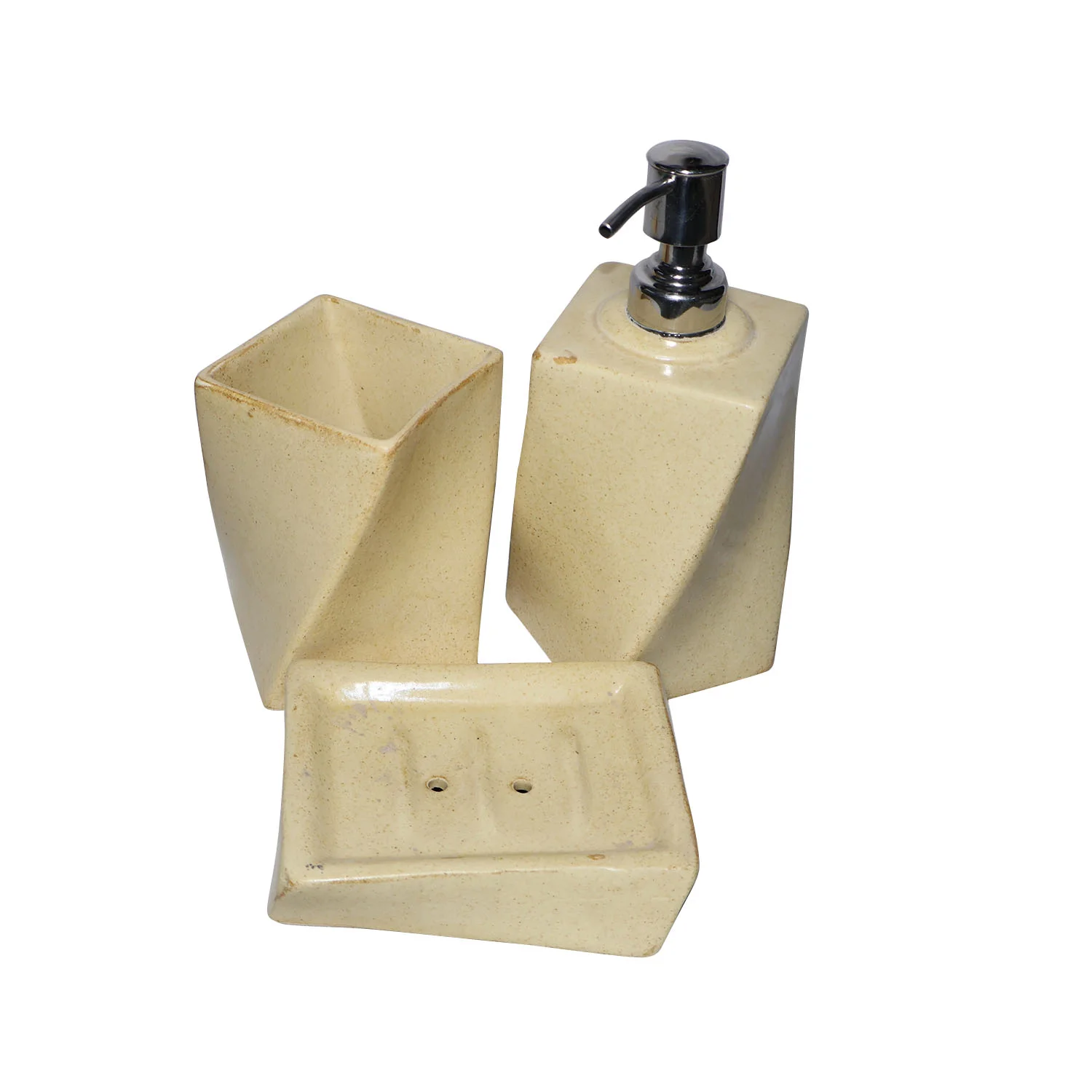 ArtistryBazaar 3"L x 3"W x 8"H inch 3-piece handmade bathroom set, ceramic soap dispenser, soap dish, and toothbrush holder, stylish beige decor with compact and durable design.