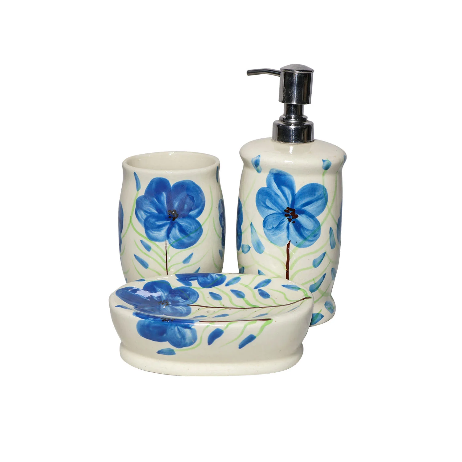 ArtistryBazaar 3"L x 3"W x 7.5"H inch blue handmade ceramic bathroom set, soap dispenser, toothbrush holder & soap dish, floral geometric patterns, glossy finish, durable, functional, and perfectly sized!