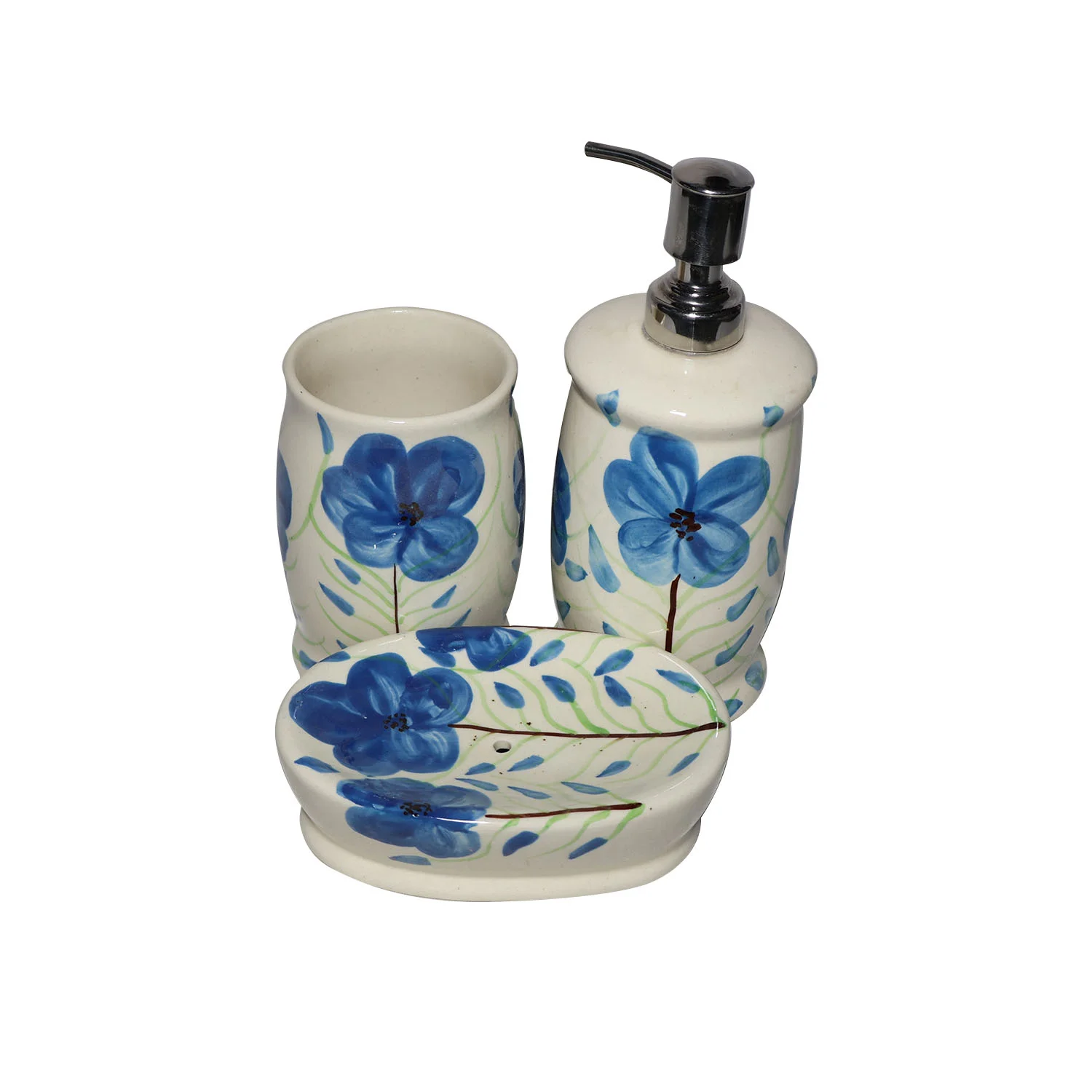 ArtistryBazaar 3"L x 3"W x 7.5"H inch blue handmade ceramic bathroom set, soap dispenser, toothbrush holder & soap dish, floral geometric patterns, glossy finish, durable, functional, and perfectly sized!