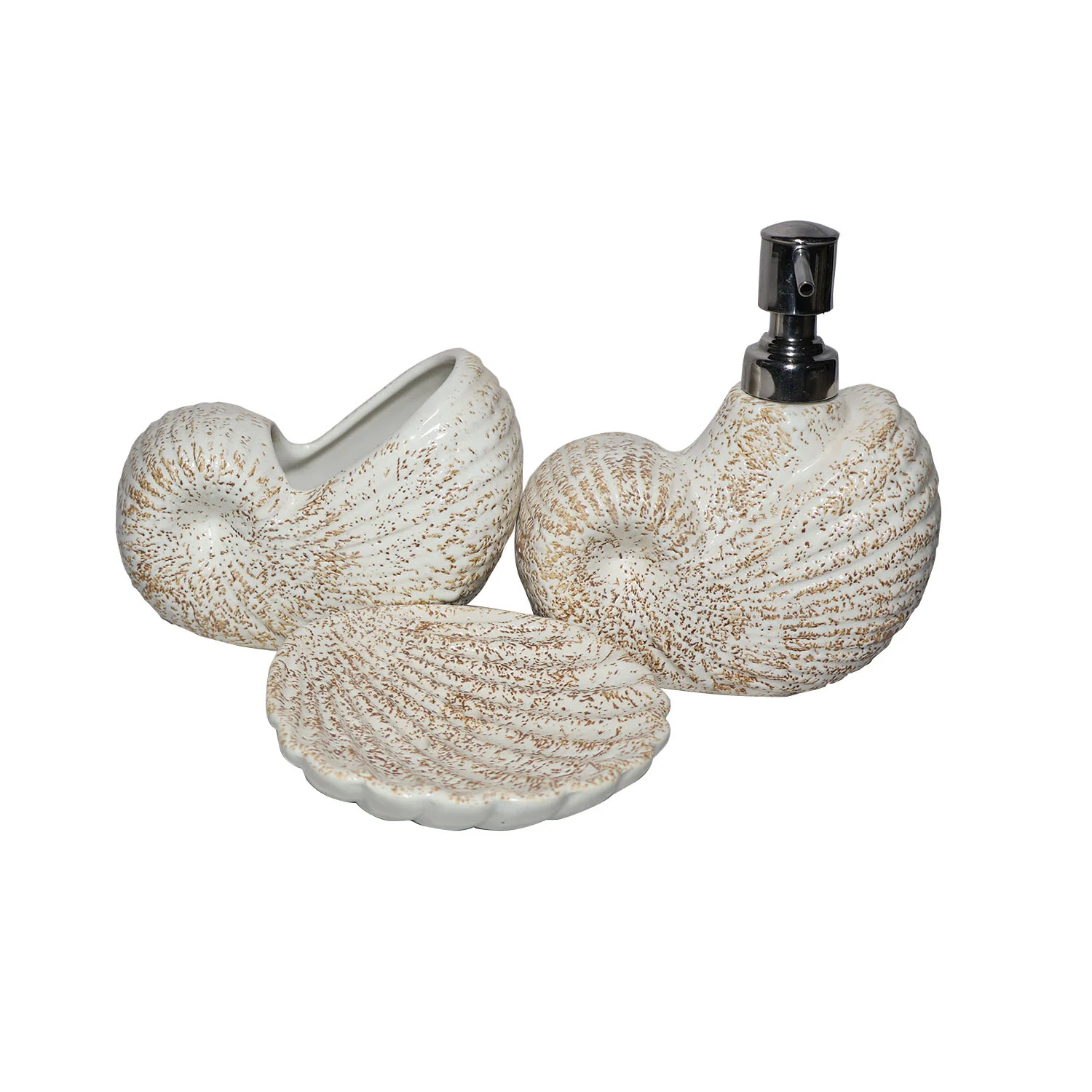 ArtistryBazaar 2"L x 5"W x 6"H inch ceramic bathroom set with seashell design, handmade soap dispenser, toothbrush holder & soap dish, stylish, durable, and easy-to-clean accessories for bathroom interiors.