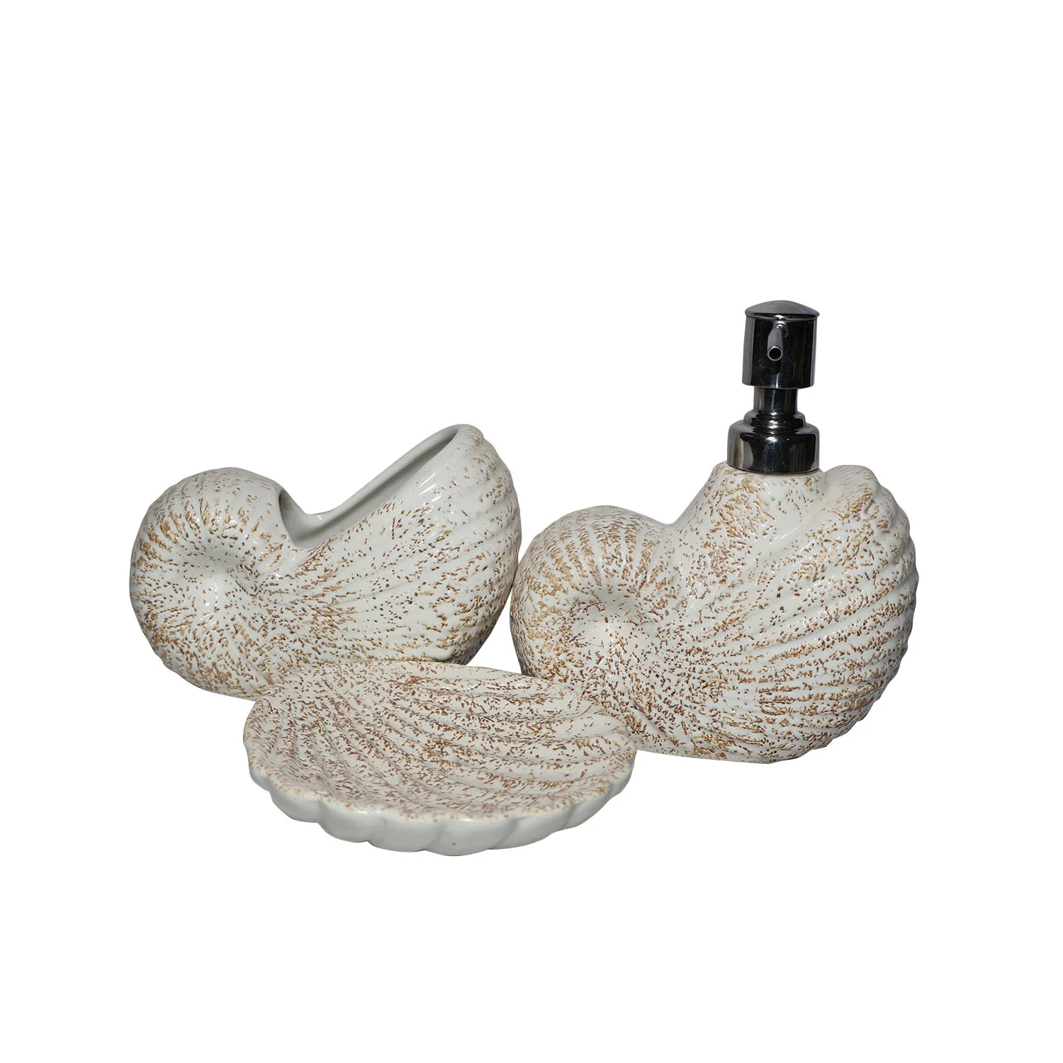 ArtistryBazaar 2"L x 5"W x 6"H inch ceramic bathroom set with seashell design, handmade soap dispenser, toothbrush holder & soap dish, stylish, durable, and easy-to-clean accessories for bathroom interiors.