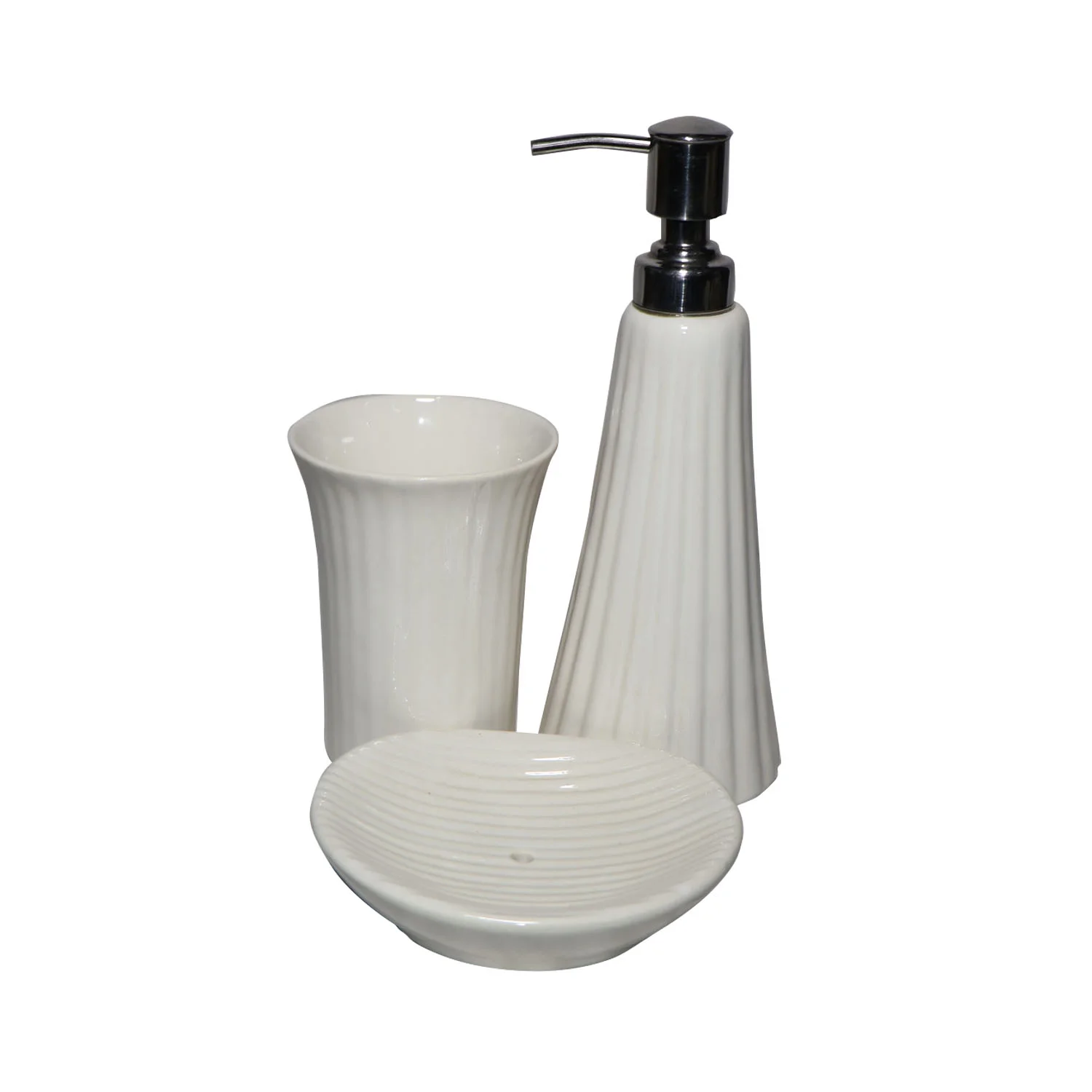 ArtistryBazaar 3"L x 3"W x 8.5"H inch all white handmade ceramic bathroom set of 3, handmade soap dispenser, toothbrush holder & soap dish, suitable decor for your bathroom.