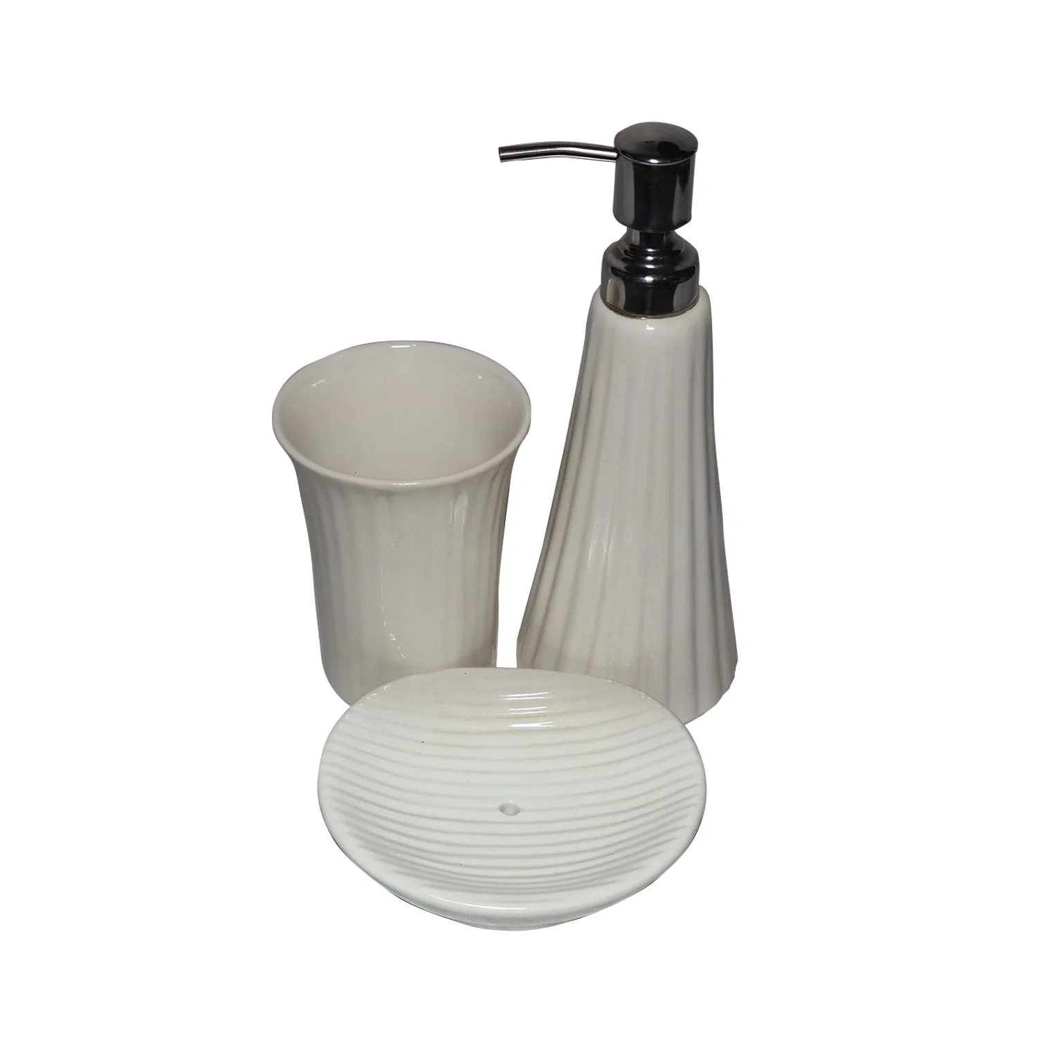 ArtistryBazaar 3"L x 3"W x 8.5"H inch all white handmade ceramic bathroom set of 3, handmade soap dispenser, toothbrush holder & soap dish, suitable decor for your bathroom.