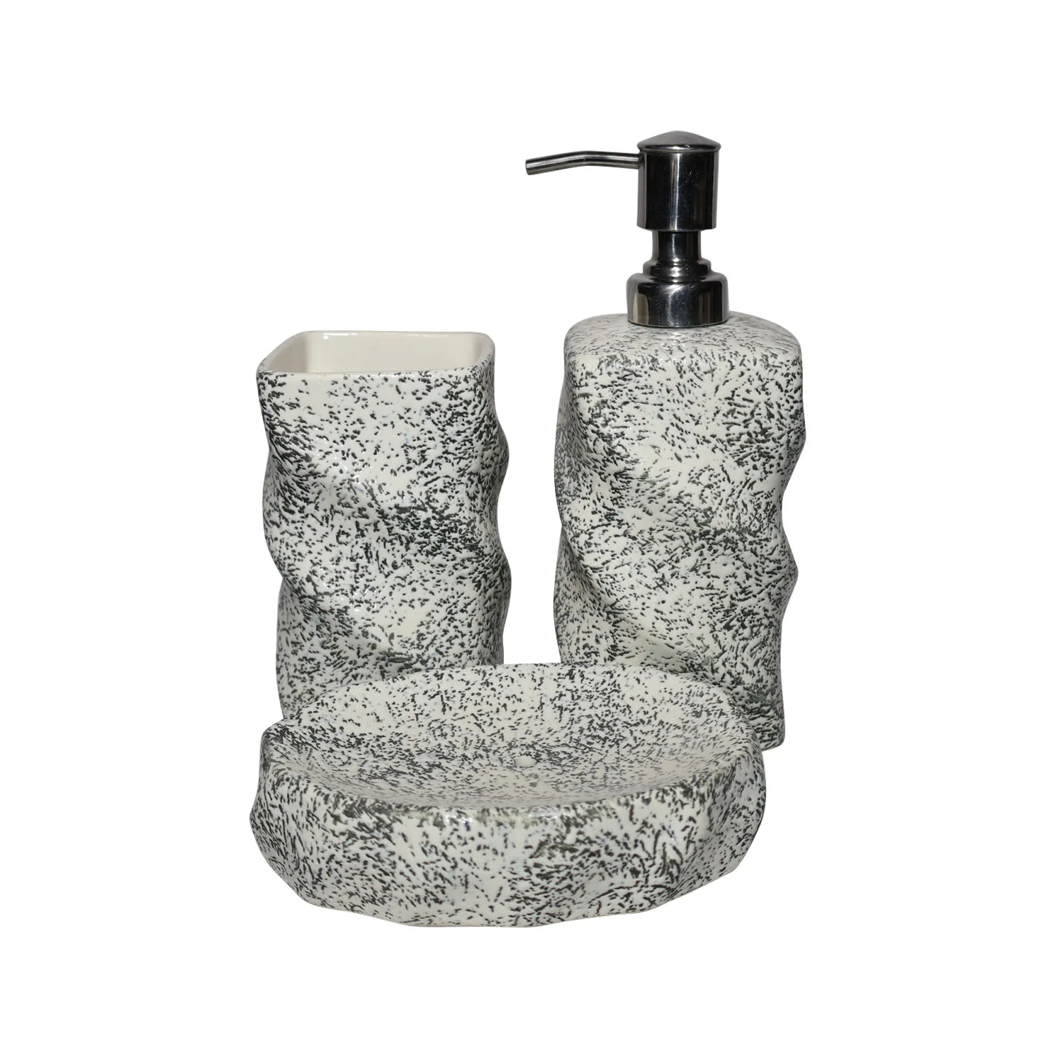 ArtistryBazaar 3"L x 3"W x 8"H inch black & white speckled ceramic bathroom set of 3, soap dispenser, toothbrush holder, & soap dish, 100% handmade by skilled makers. 