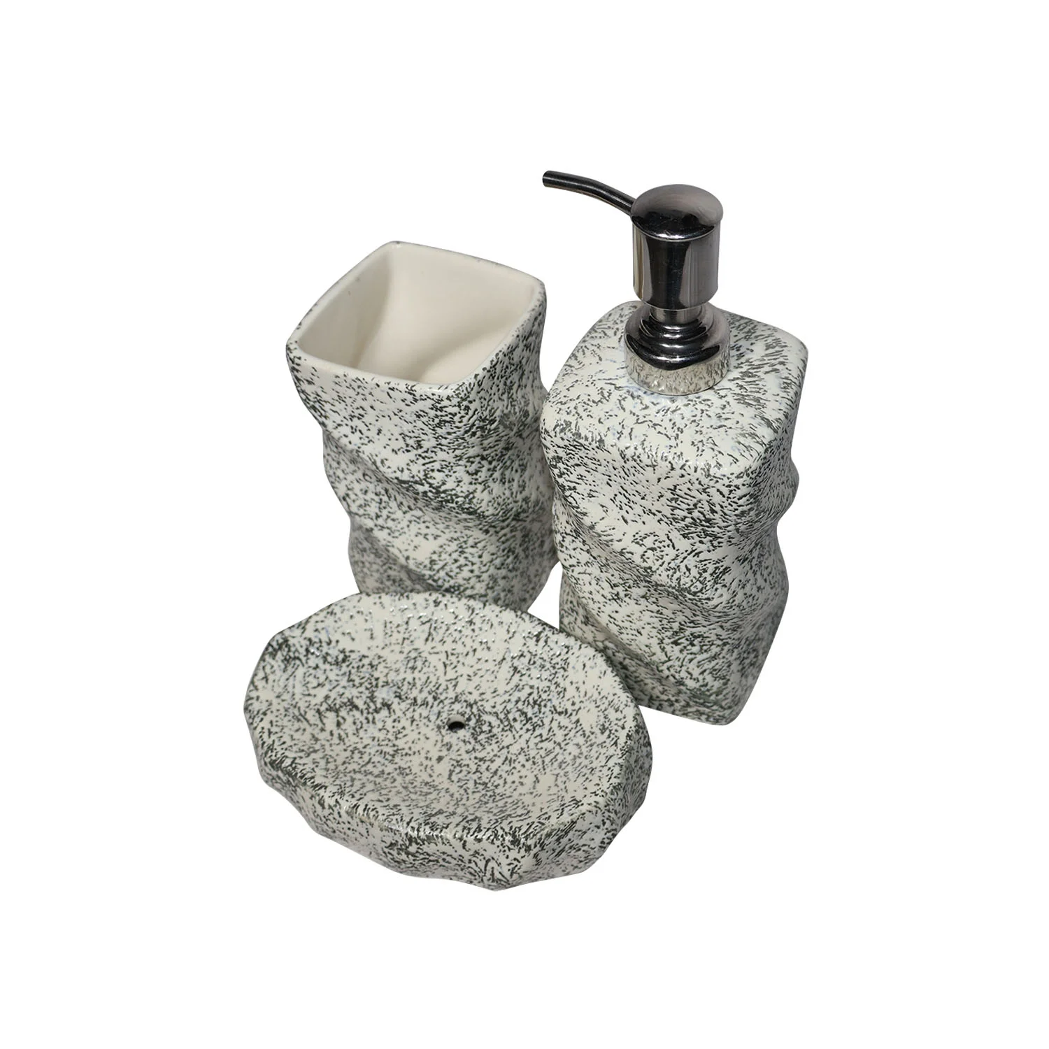 ArtistryBazaar 3"L x 3"W x 8"H inch black & white speckled ceramic bathroom set of 3, soap dispenser, toothbrush holder, & soap dish, 100% handmade by skilled makers. 
