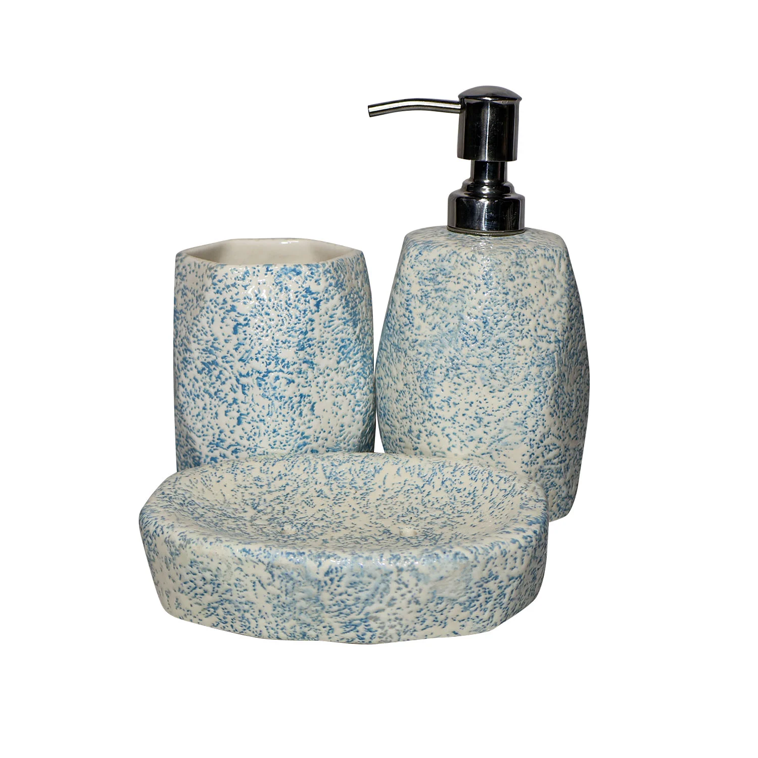  ArtistryBazaar 3"L x 3"W x 8"H inch blue speckled handmade bathroom utility set of 3, soap dispenser, toothbrush holder, & soap dish, made of high-quality ceramic, exclusive bathroom decor.