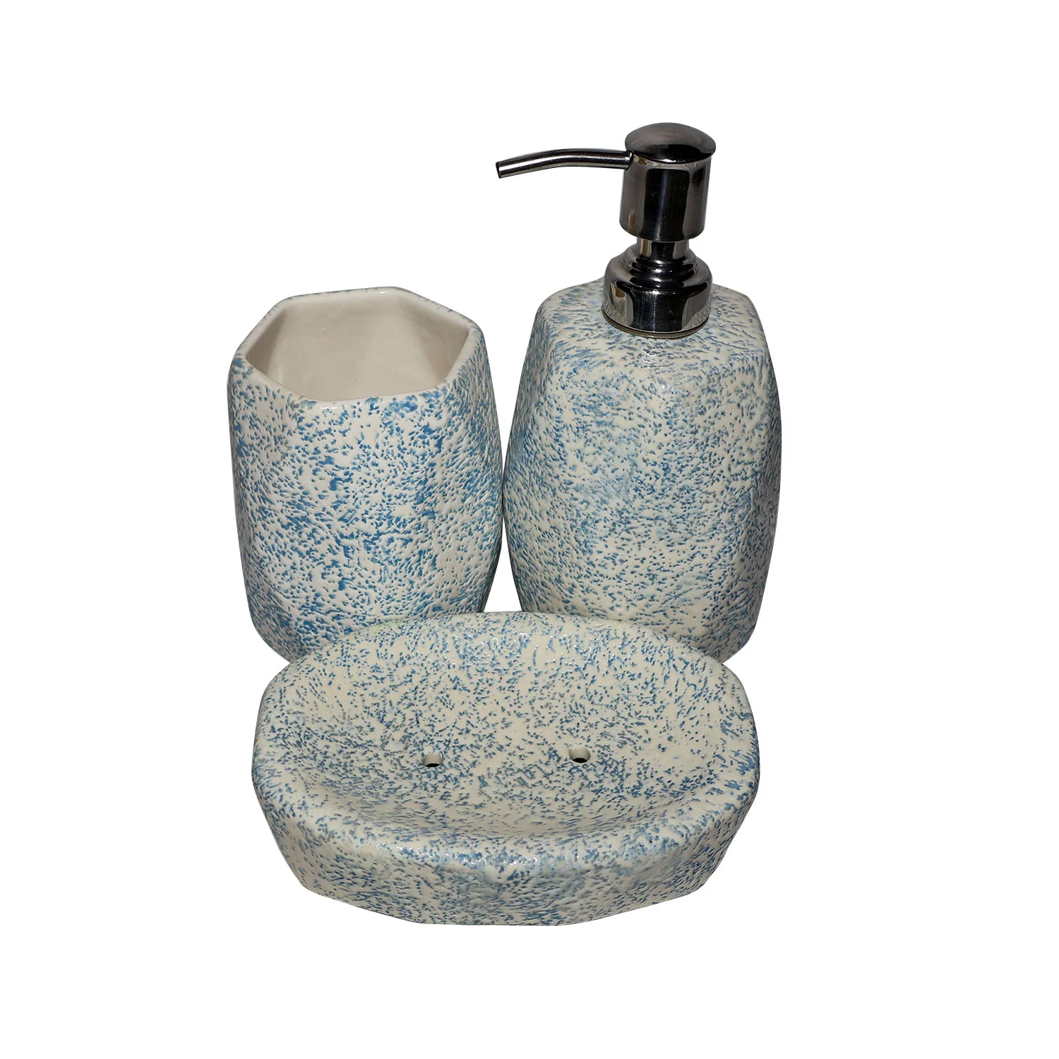  ArtistryBazaar 3"L x 3"W x 8"H inch blue speckled handmade bathroom utility set of 3, soap dispenser, toothbrush holder, & soap dish, made of high-quality ceramic, exclusive bathroom decor.