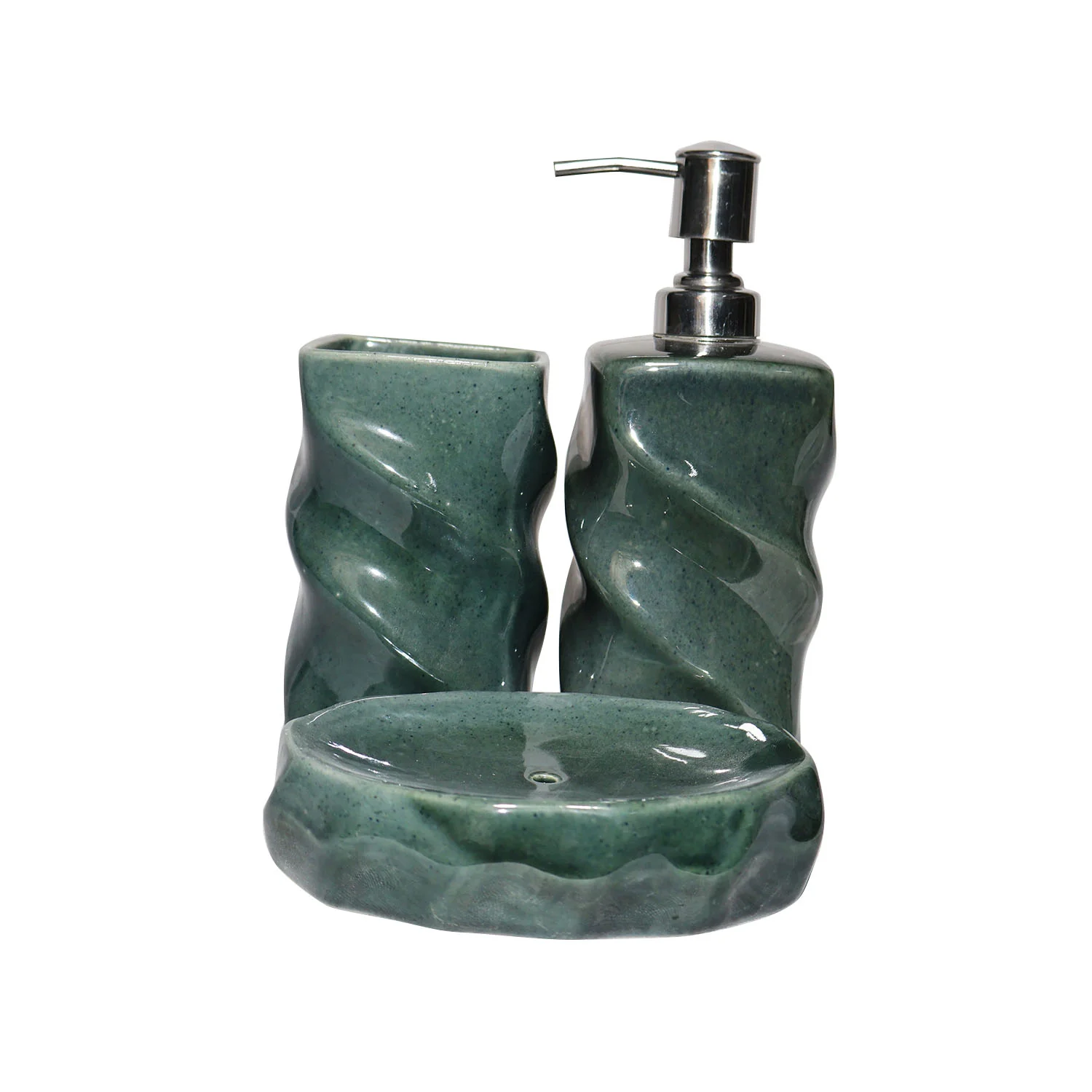 ArtistryBazaar 3"L x 3"W x 8"H inch glossy green handmade ceramic bathroom decor set of 3, soap dispenser, toothbrush holder, & soap dish, unique accessory for your space.
