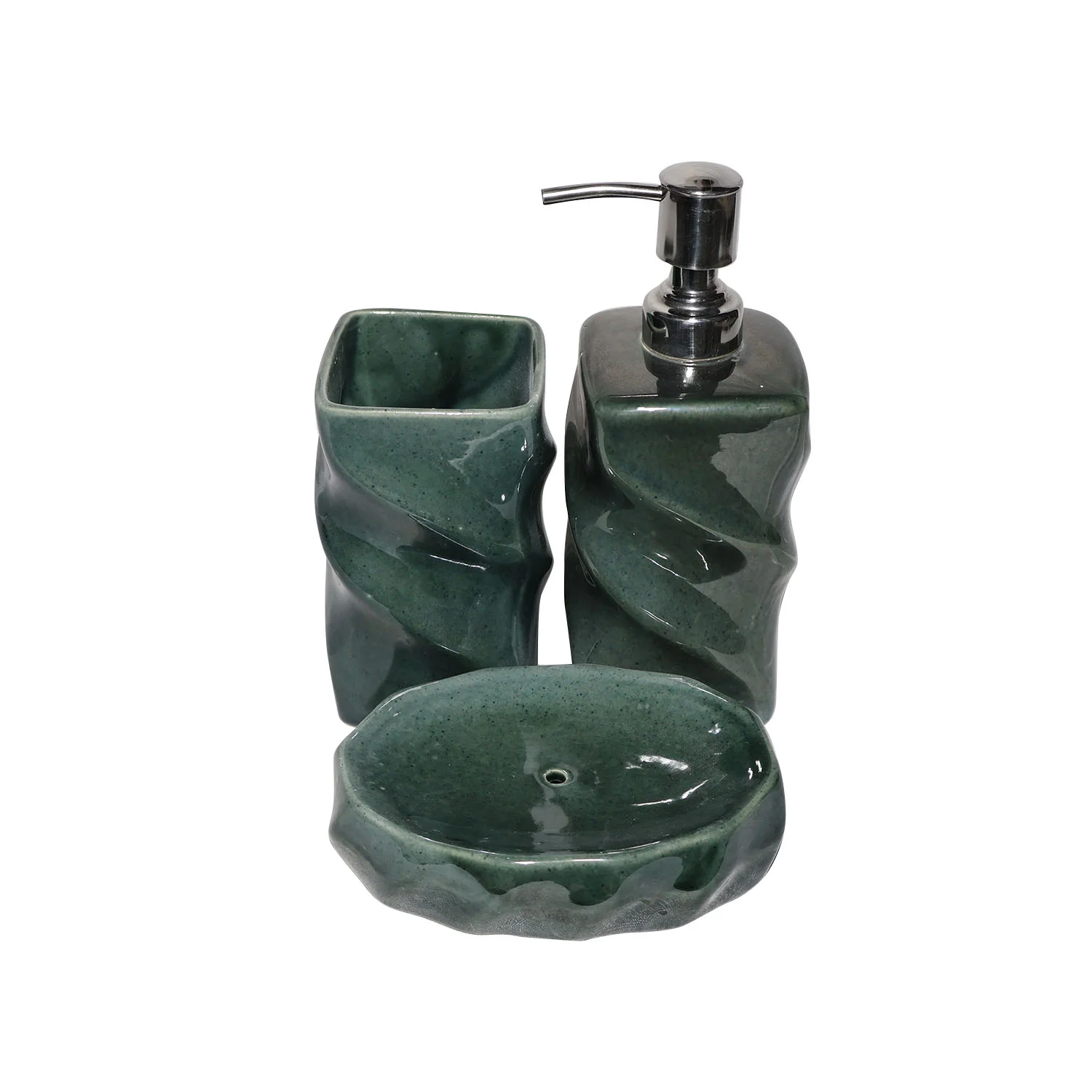 ArtistryBazaar 3"L x 3"W x 8"H inch glossy green handmade ceramic bathroom decor set of 3, soap dispenser, toothbrush holder, & soap dish, unique accessory for your space.