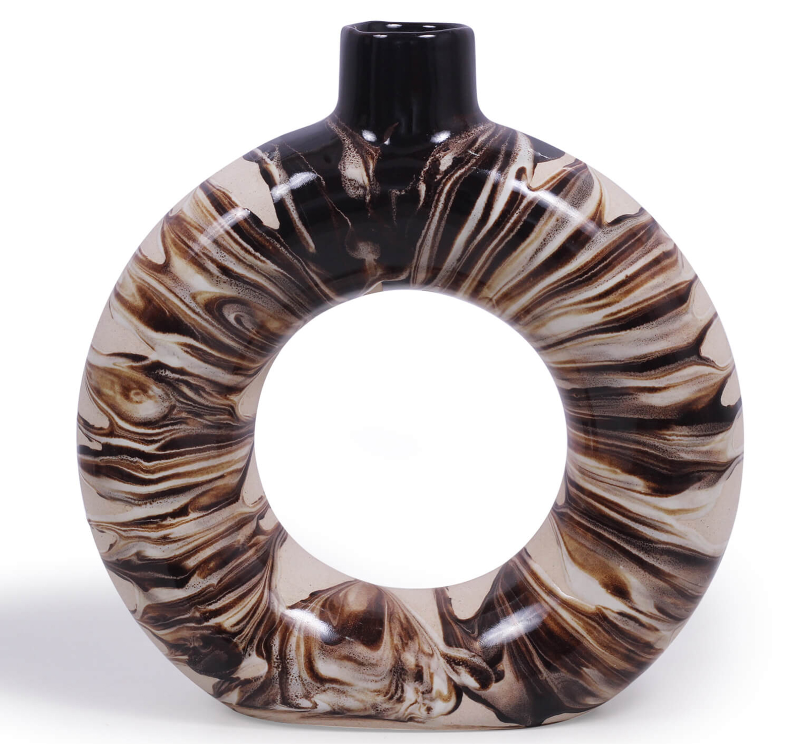 ArtistryBazaar 7.5"WX 8"H ceramic donut brown black vase for center table indoor outdoor home and office décor