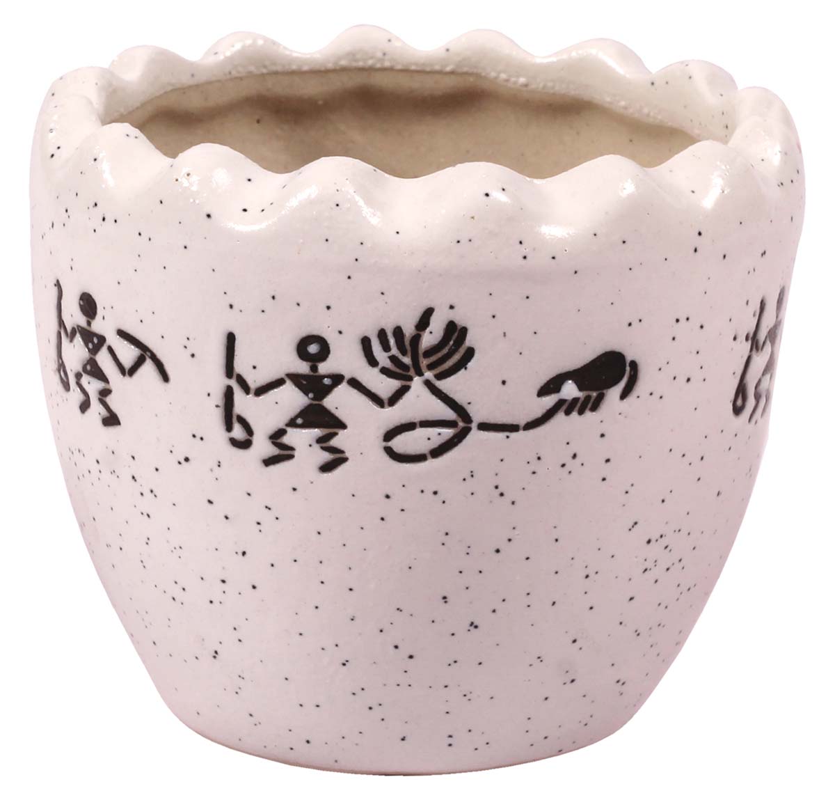 Wholesale Round Ceramic Planter With Scalloped Rim - Hand Painted Black & White Mottled / Marble Finish With Tribal Men Silhouettes - Drainage Hole – Buy Bulk Garden / Patio / Outdoor / Indoor Décor Accessories