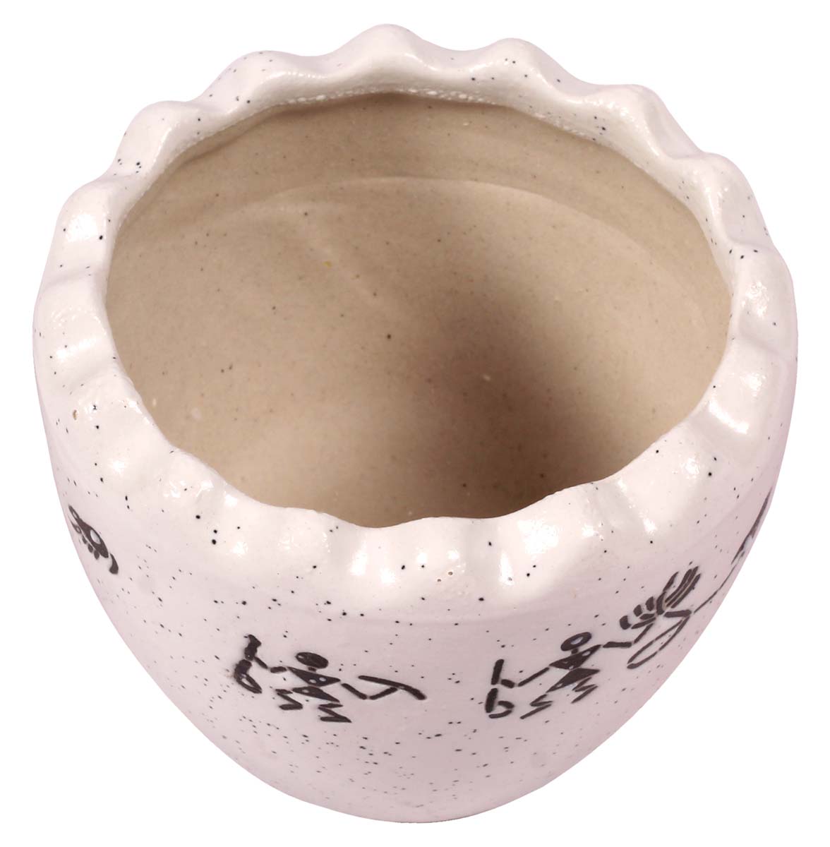 Wholesale Round Ceramic Planter With Scalloped Rim - Hand Painted Black & White Mottled / Marble Finish With Tribal Men Silhouettes - Drainage Hole – Buy Bulk Garden / Patio / Outdoor / Indoor Décor Accessories