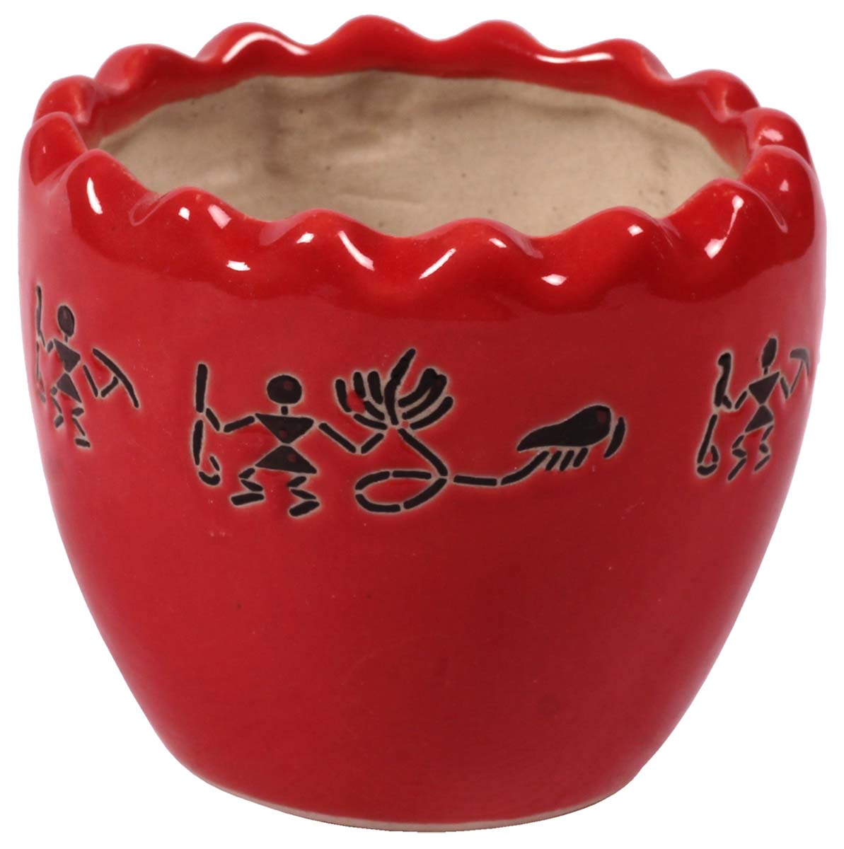 Wholesale Round Ceramic Planter With Scalloped Rim - Hand Painted Black & Red With Tribal Men Silhouettes - Drainage Hole – Buy Bulk Garden / Patio / Outdoor / Indoor Décor Accessories