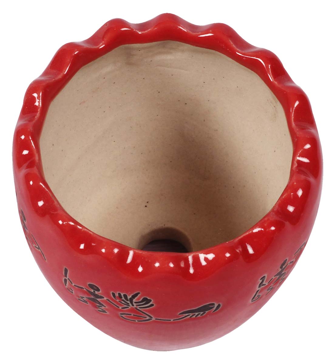 Wholesale Round Ceramic Planter With Scalloped Rim - Hand Painted Black & Red With Tribal Men Silhouettes - Drainage Hole – Buy Bulk Garden / Patio / Outdoor / Indoor Décor Accessories
