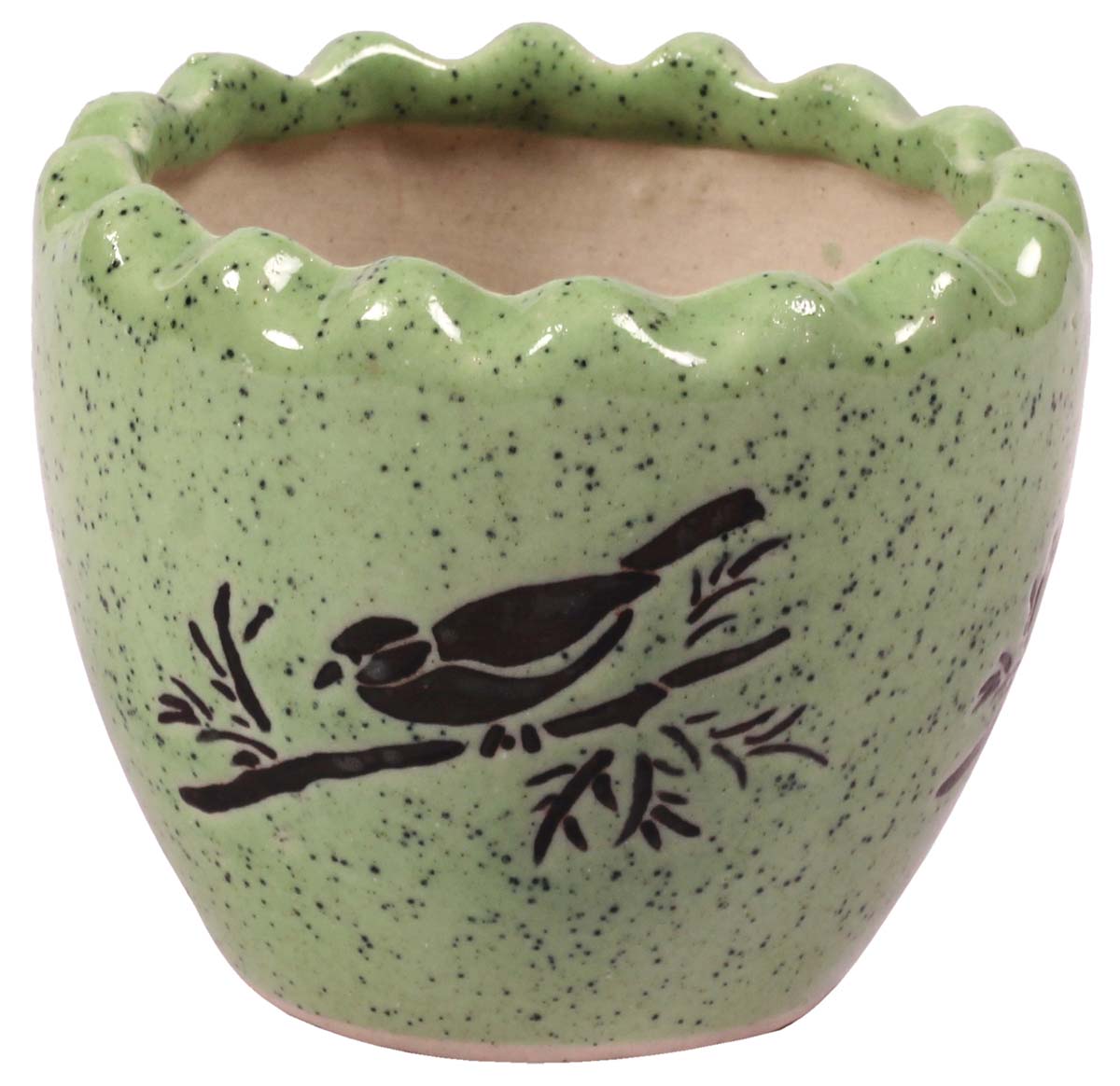 Wholesale Round Ceramic Planter With Scalloped Rim - Hand Painted Kiwi Green & Black With Small Birds Perched On Branches Details - Drainage Hole – Buy Bulk Garden / Patio / Outdoor / Indoor Décor Accessories