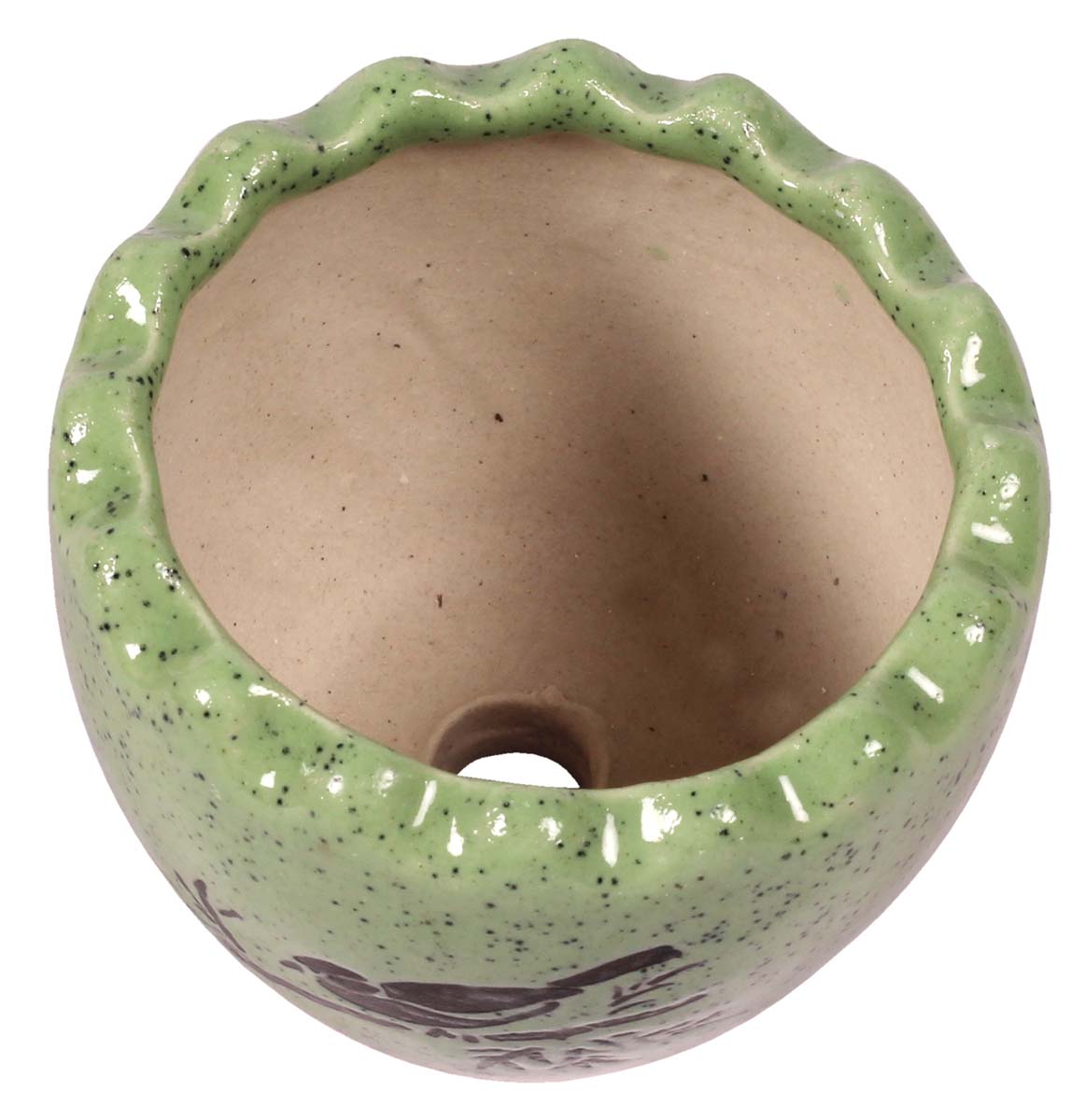 Wholesale Round Ceramic Planter With Scalloped Rim - Hand Painted Kiwi Green & Black With Small Birds Perched On Branches Details - Drainage Hole – Buy Bulk Garden / Patio / Outdoor / Indoor Décor Accessories