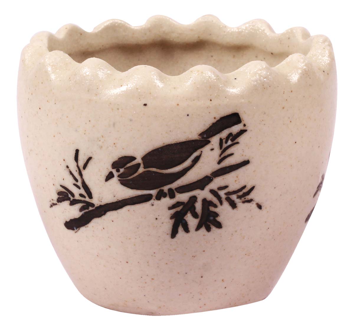 Wholesale Round Ceramic Planter With Scalloped Rim - Hand Painted Beige & Black With Small Birds Perched On Branches Details - Drainage Hole – Buy Bulk Garden / Patio / Outdoor / Indoor Décor Accessories