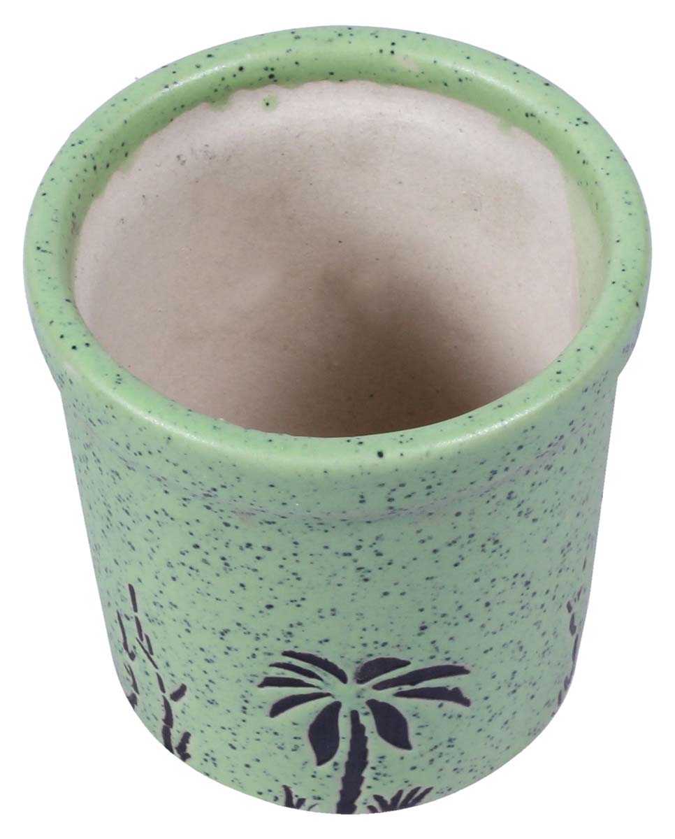 Wholesale Round Ceramic Planter - Hand Painted Kiwi Green & Black With Mottled / Marble Finish & Small Botanical Details - Drainage Hole – Buy Bulk Garden / Patio / Outdoor / Indoor Décor Accessories