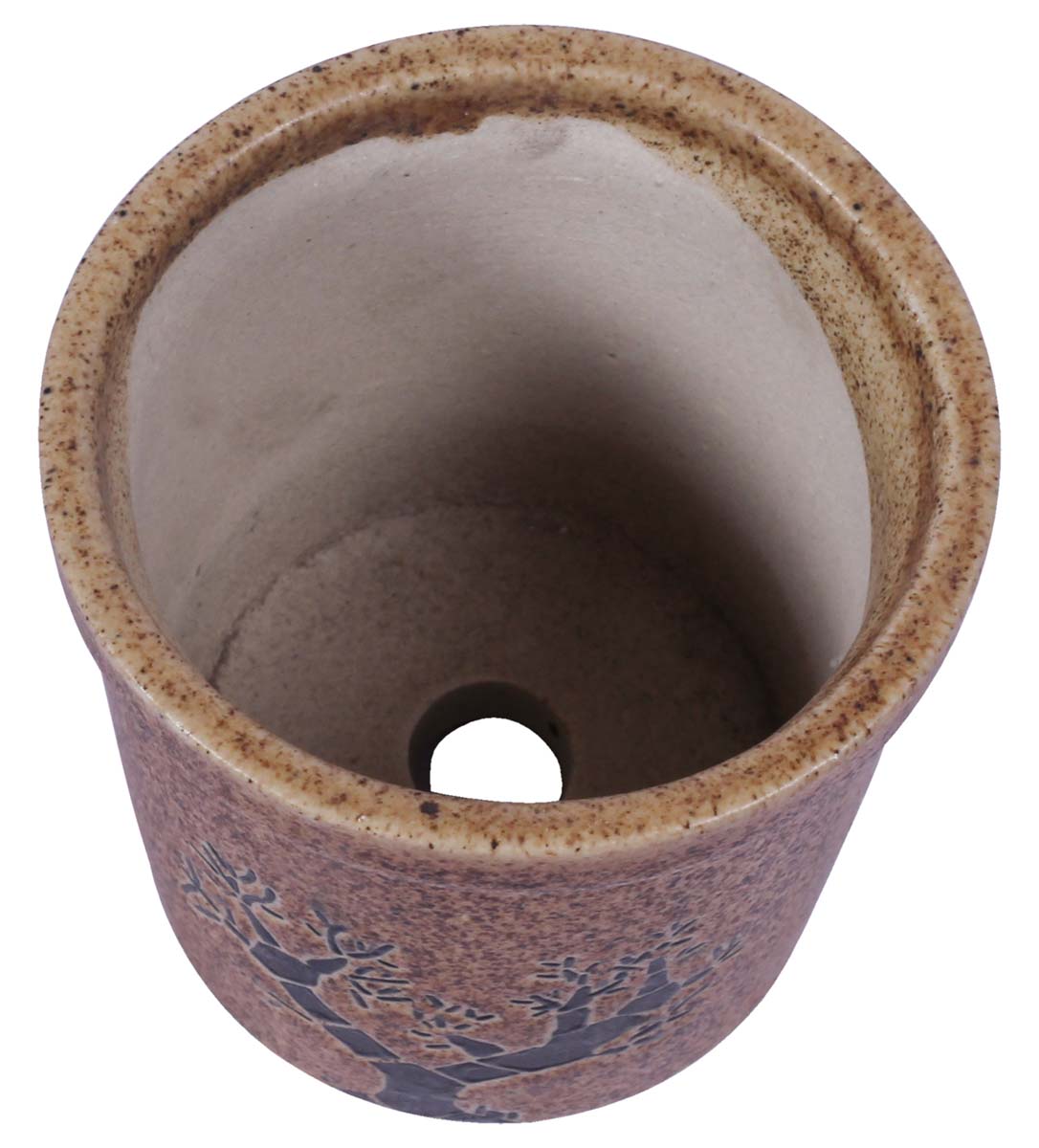 Wholesale Round Ceramic Planter - Hand Painted Sandy Brown & Black With Mottled / Marble Finish & Trees Motifs - Drainage Hole – Buy Bulk Garden / Patio / Outdoor / Indoor Décor Accessories