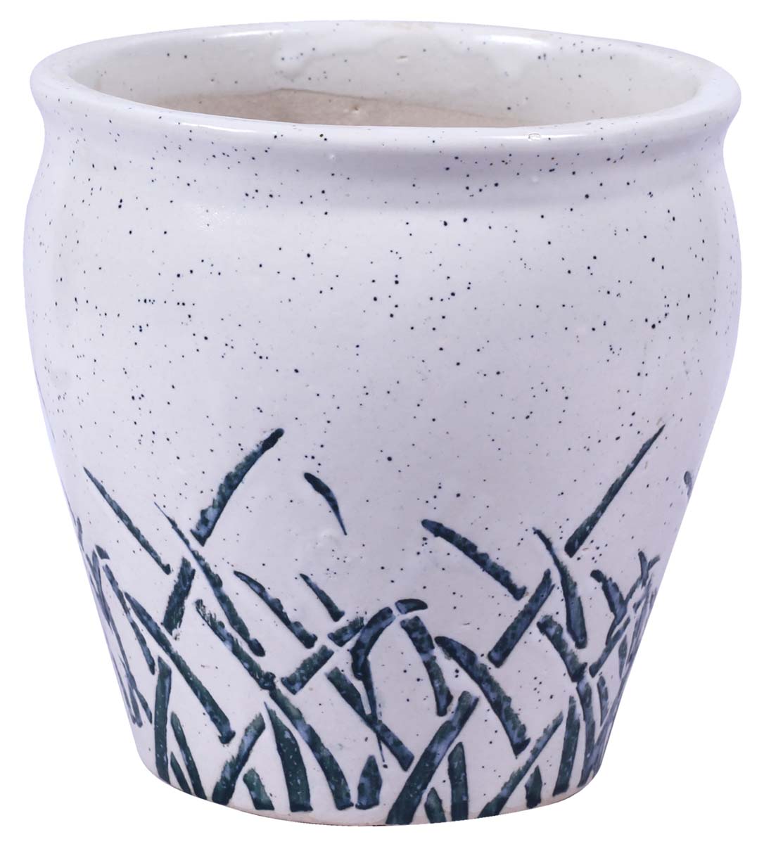 Wholesale Earthen Pot Shaped Ceramic Planter – Hand Painted Black & White Mottled / Marble finish With Botanical Shrub Leaves Details – Drainage Hole – Buy Bulk Garden / Patio / Outdoor / Indoor Décor Accessories