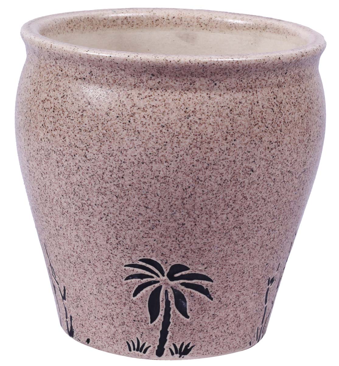Wholesale Earthen Pot Shaped Ceramic Planter – Hand Painted Sandy Brown & Black Mottled / Marble finish With Botanical Trees & Shrubs Details – Drainage Hole – Buy Bulk Garden / Patio / Outdoor / Indoor Décor Accessories