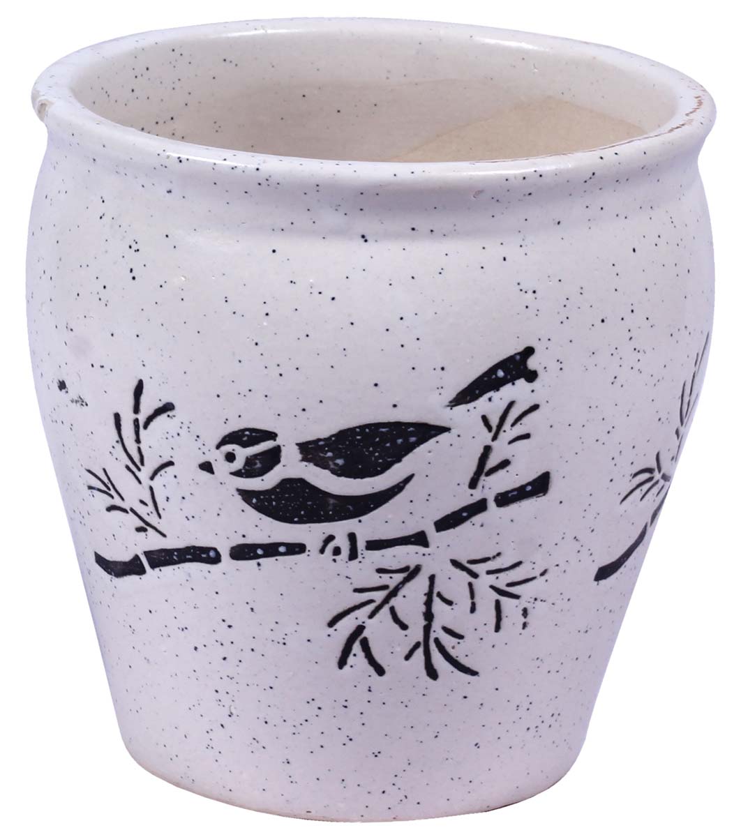 Wholesale Earthen Pot Shaped Ceramic Planter – Hand Painted Black & White Mottled / Marble finish With Small Birds Perched On Branches Details – Drainage Hole – Buy Bulk Garden / Patio / Outdoor / Indoor Décor Accessories
