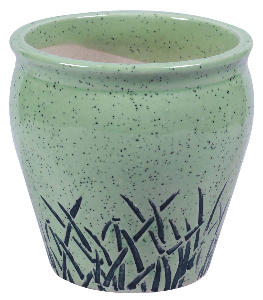 Wholesale Earthen Pot Shaped Ceramic Planter – Hand Painted Black & Kiwi Green Mottled / Marble finish With Botanical Shrub Leaves Details – Drainage Hole – Buy Bulk Garden / Patio / Outdoor / Indoor Décor Accessories