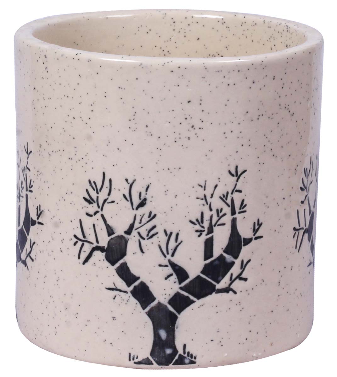 Wholesale Round Ceramic Mini Planter – Hand Painted White & Black Mottled / Marble finish With Leafless Trees Details – Drainage Hole – Buy Bulk Garden / Patio / Outdoor / Indoor Décor Accessories