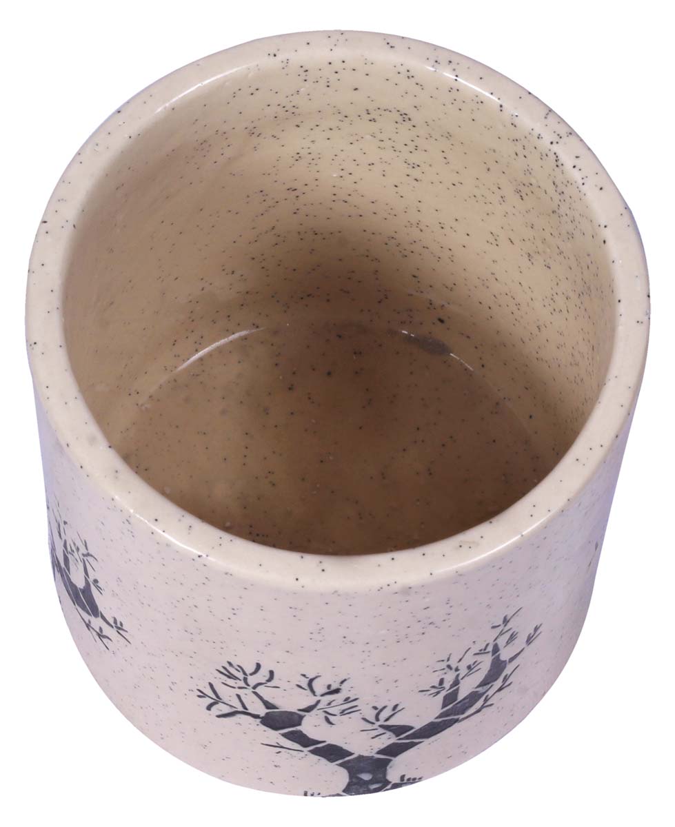 Wholesale Round Ceramic Mini Planter – Hand Painted White & Black Mottled / Marble finish With Leafless Trees Details – Drainage Hole – Buy Bulk Garden / Patio / Outdoor / Indoor Décor Accessories