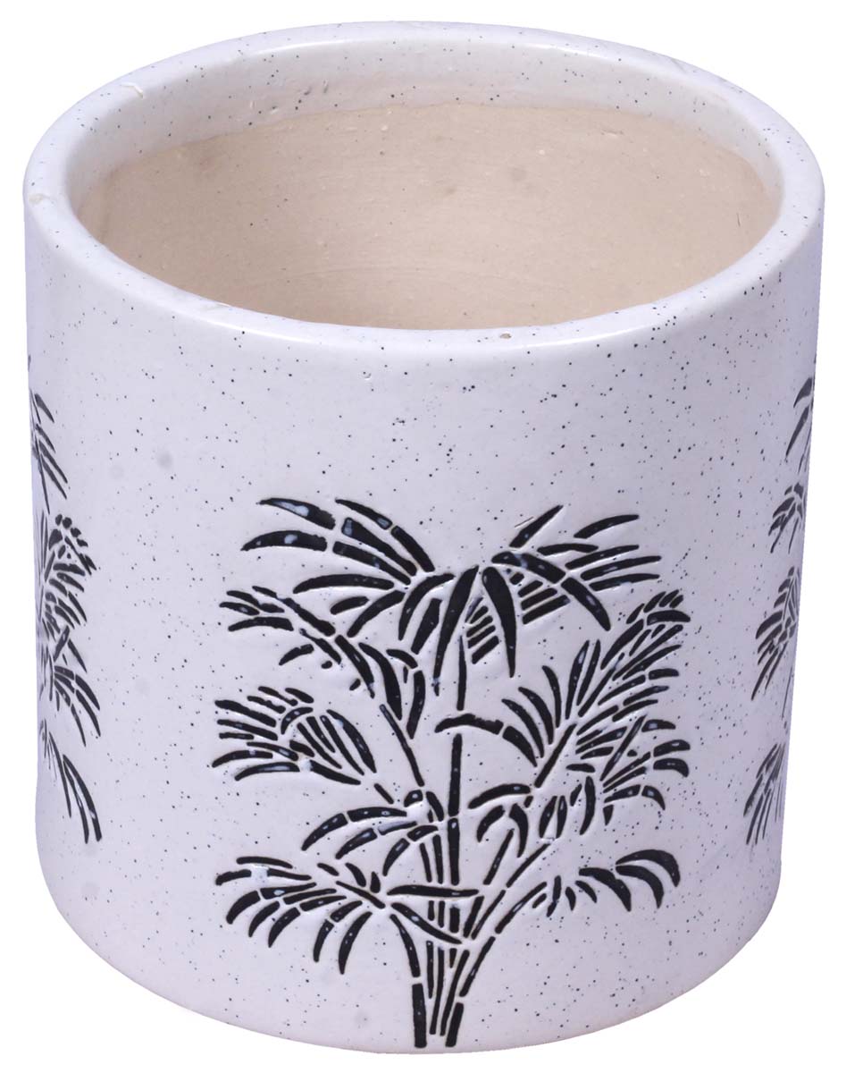 Wholesale Round Ceramic Mini Planter – Hand Painted Black & White Mottled / Marble finish With Botanical Bamboo Trees Details – Drainage Hole – Buy Bulk Garden / Patio / Outdoor / Indoor Décor Accessories