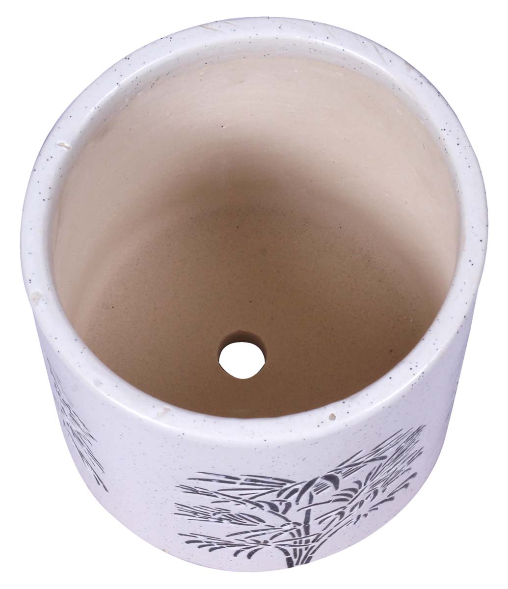Wholesale Round Ceramic Mini Planter – Hand Painted Black & White Mottled / Marble finish With Botanical Bamboo Trees Details – Drainage Hole – Buy Bulk Garden / Patio / Outdoor / Indoor Décor Accessories