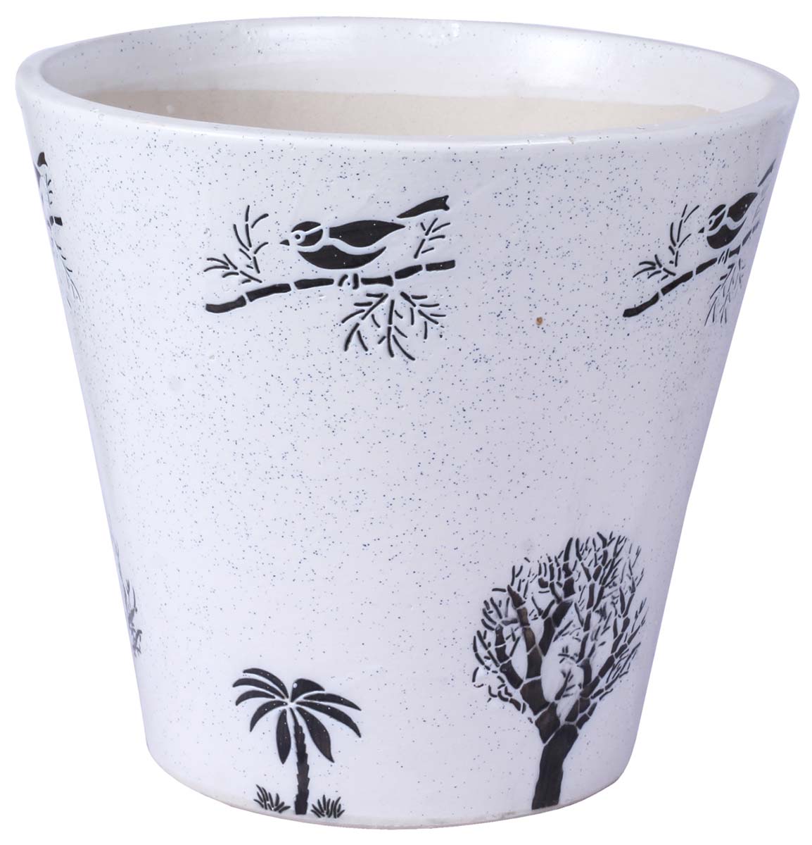 Wholesale H 11” Round Ceramic Planter - Hand Painted White & Black Mottled / Marble Finish With Small Birds Perched On Branches & Botanical Trees Details - Drainage Hole – Buy Bulk Garden / Patio / Outdoor / Indoor Décor Accessories