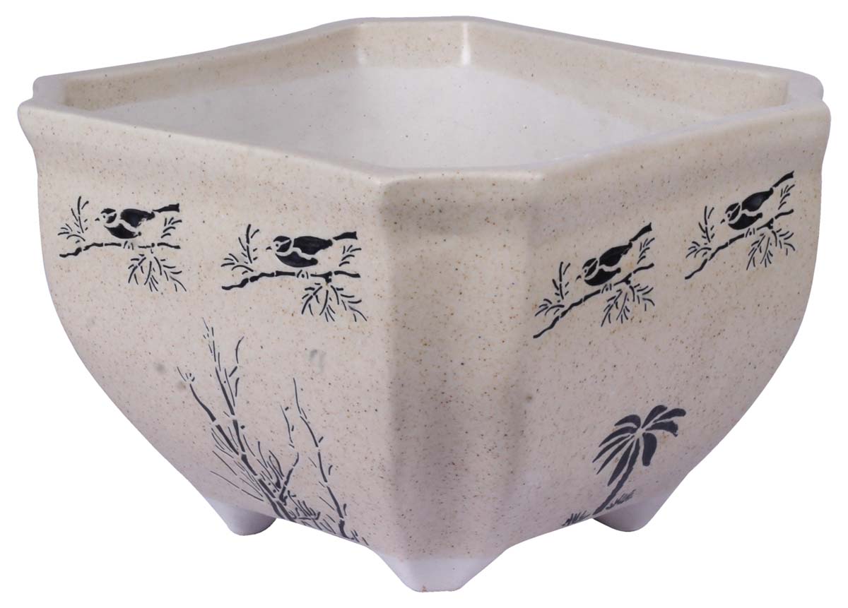 Wholesale Square Ceramic Planter With Tapered Edges - Hand Painted Light Sandy Brown & Black Mottled / Marble Finish With Small Birds Perched On Branches & Botanical Details – Drainage Hole – Buy Bulk Garden / Patio / Outdoor / Indoor Décor Accessories