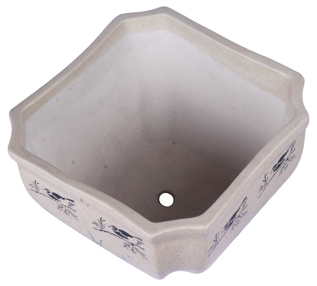 Wholesale Square Ceramic Planter With Tapered Edges - Hand Painted Light Sandy Brown & Black Mottled / Marble Finish With Small Birds Perched On Branches & Botanical Details – Drainage Hole – Buy Bulk Garden / Patio / Outdoor / Indoor Décor Accessories
