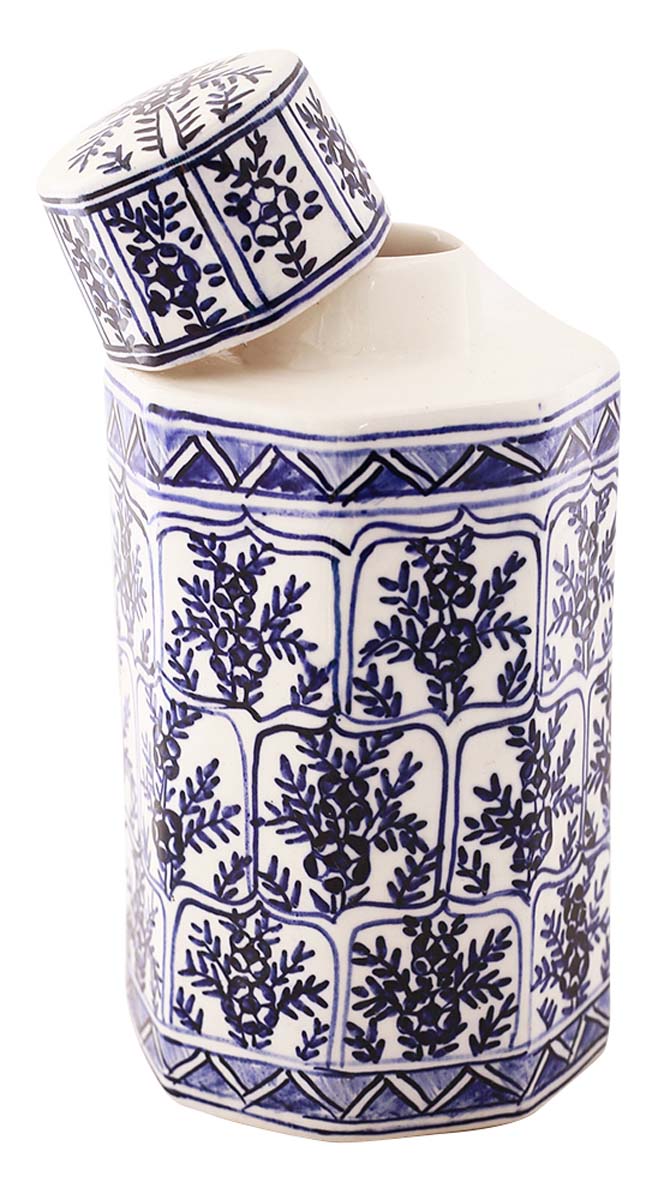 Bulk Wholesale Ceramic Liquid Container with Matching Lid - Beautiful White & Blue Floral Motifs - Stocking-Up Bathroom Essentials