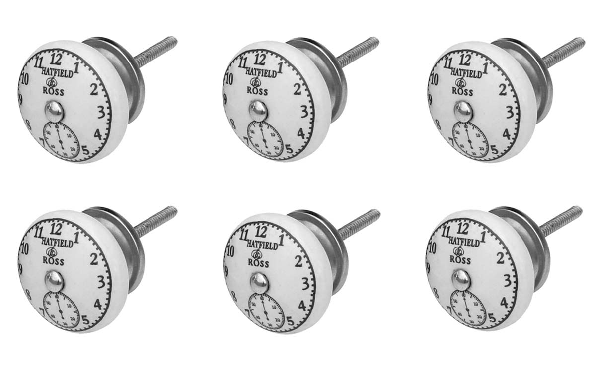 Buy in Bulk Wholesale Set of 6 - Ceramic Knobs – Handpainted in Black & White Hare & Clock Design Drawer / Cabinet Knobs - Home Décor