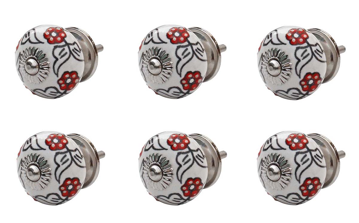 Buy in Bulk Wholesale Set of 6 Ceramic Cabinets Knobs/ Drawer Pulls/ Handles in Hand-Painted Red Flowers on White