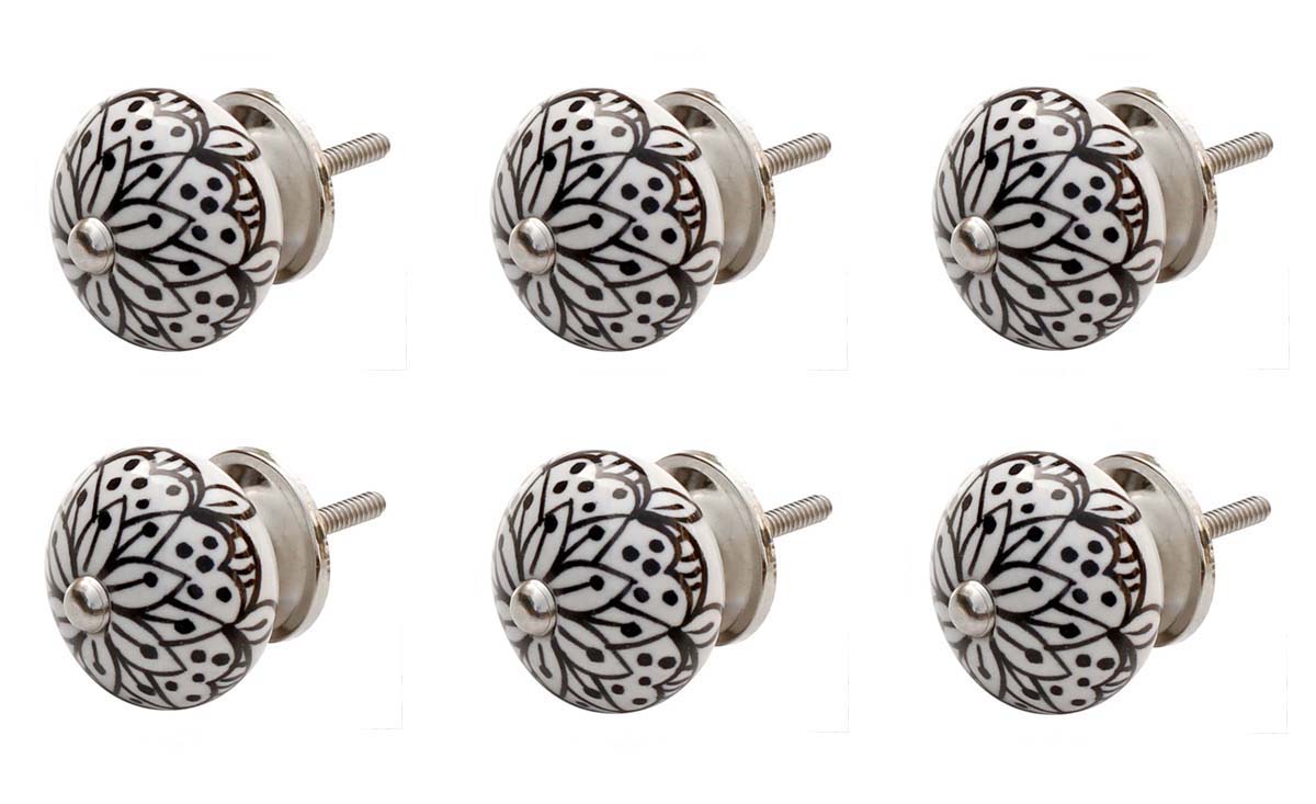 Buy in Bulk Wholesale Set of 6 Ceramic Knobs – Hand painted Floral Motifs – Classic Black & White - Cabinets & Cupboard Hardware / Dresser Accessories & Supplies
