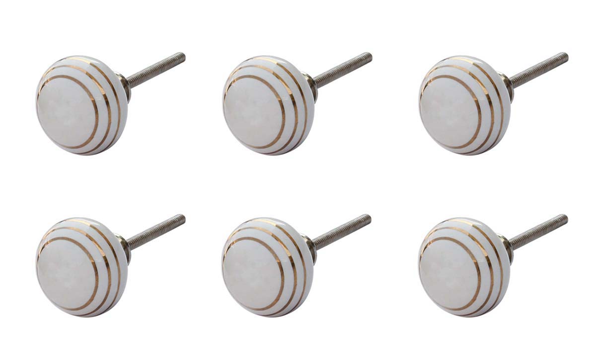 Handmade Ceramic Round-Shaped Set of 6 Drawer Knobs / Pulls / Handles in White Color with Golden Lines for Dressers / Cabinet – Home Décor  - Buy in Bulk Wholesale