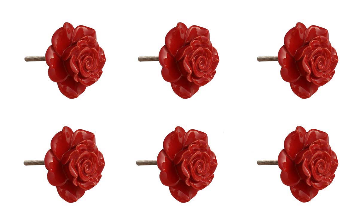 Buy in Bulk Wholesale - Set of 6 Ceramic Knobs / Pulls in Handmade Red Rose Design - Home Décor