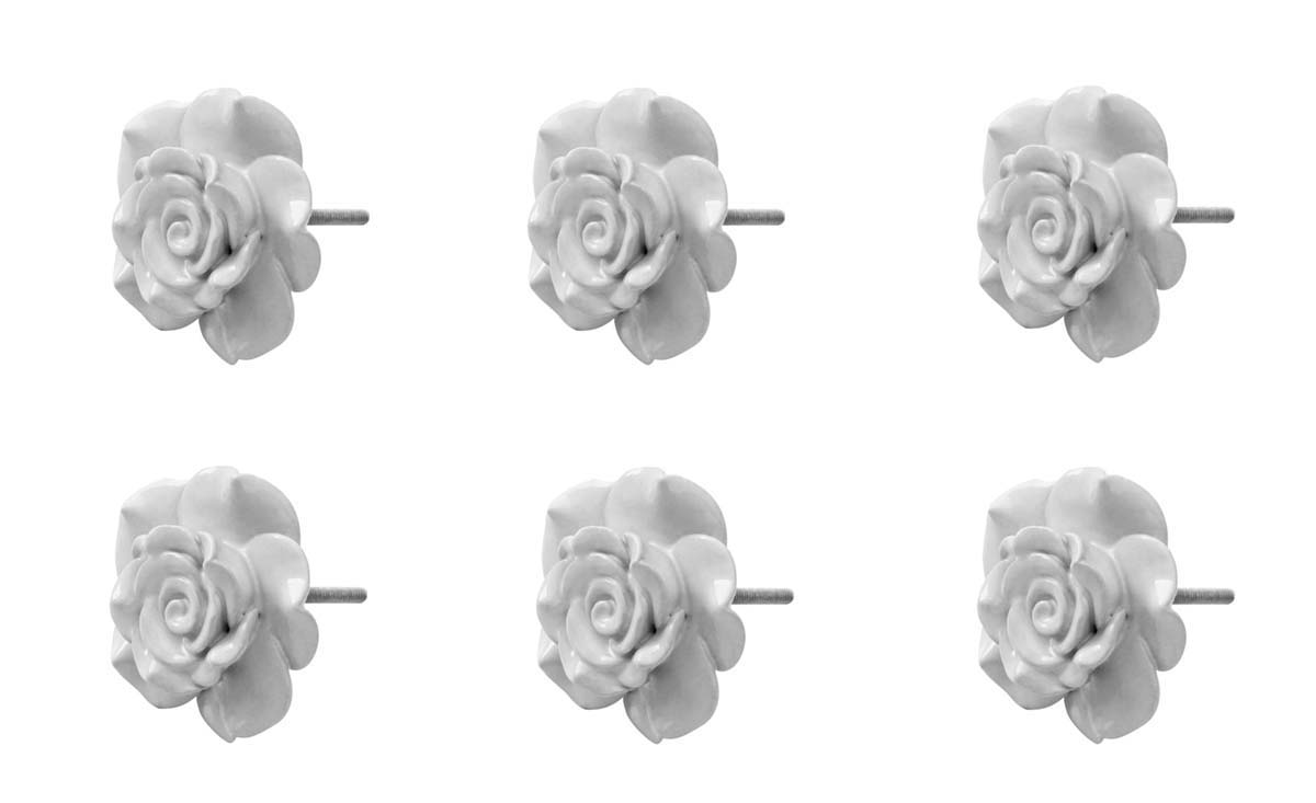 Blooming Whites - Handmade Set of 6 Ceramic Knobs / Pulls in White Rose Design - Home Décor - Buy in Bulk Wholesale