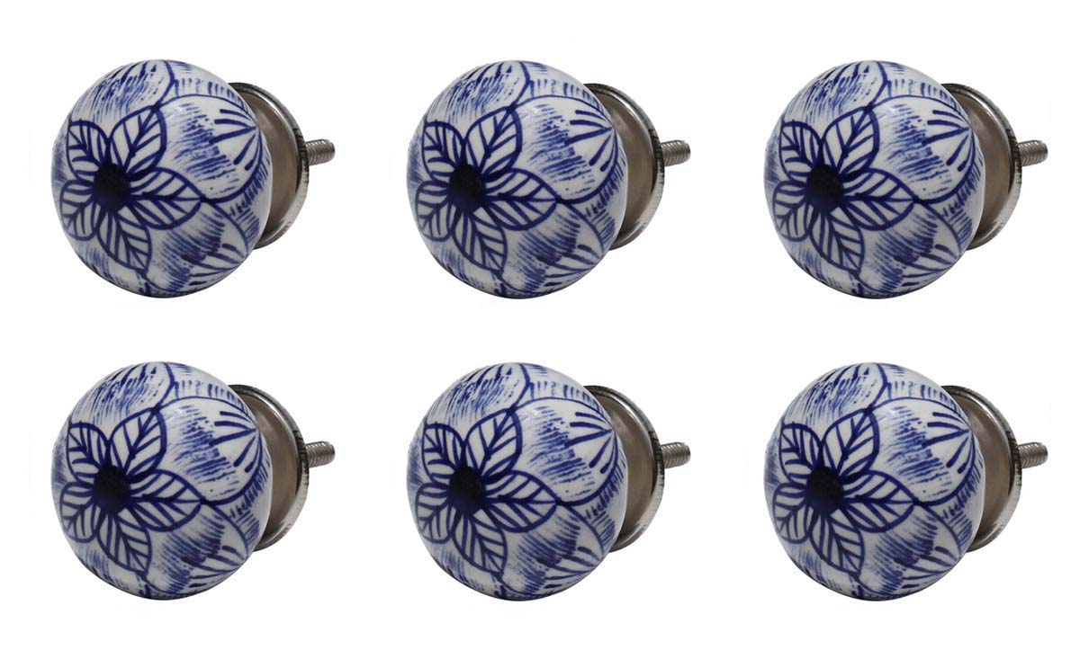 Buy in Bulk Wholesale Set of 6 Ceramic Door Knobs/ Drawer Pulls/ Handles Handmade with Blue Flowers on White