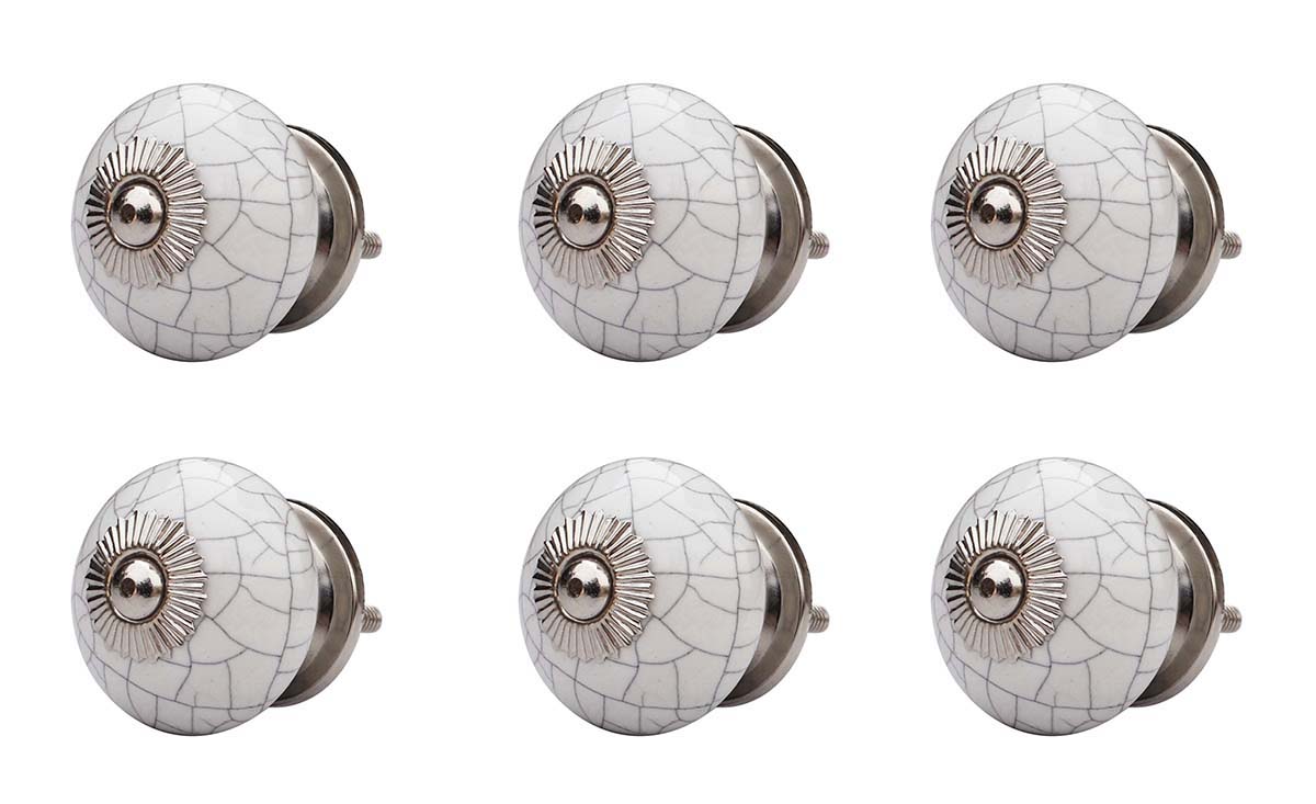 Crackling Effects – Set of 6 Handmade 1.4” Ceramic Door Knobs/ Drawer Pulls/ Handles with Crackled Effect on Creamy White - Buy in Bulk Wholesale