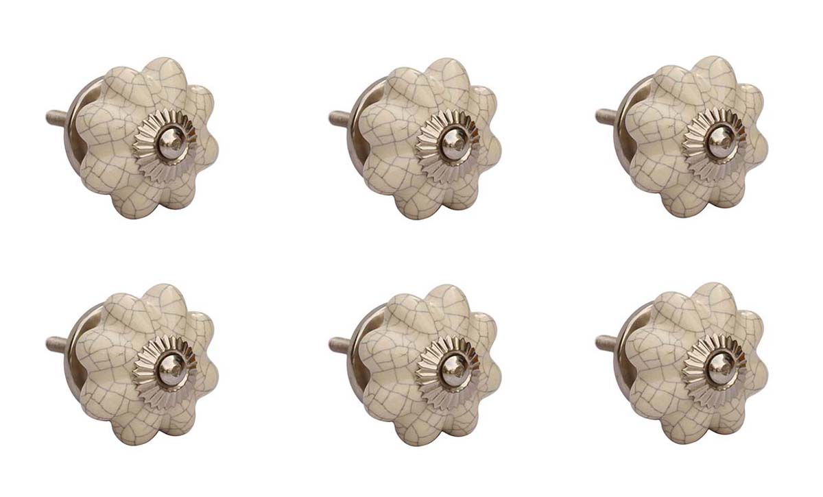 Buy in Bulk Wholesale Set of 6 Ceramic Round Knobs / Pulls with Handmade Crackled Effect - Cabinet / Dressers / Home Décor